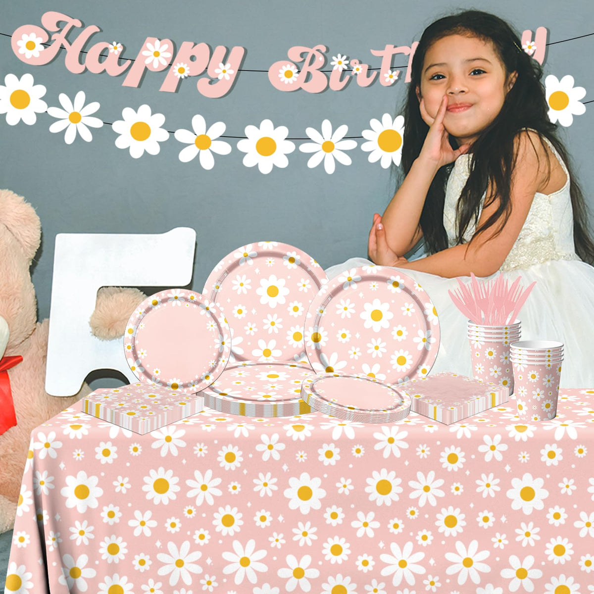 142PCS Daisy Birthday Party Tableware Set Pink Groovy Daisy - Bezkega Official Imagery - 5