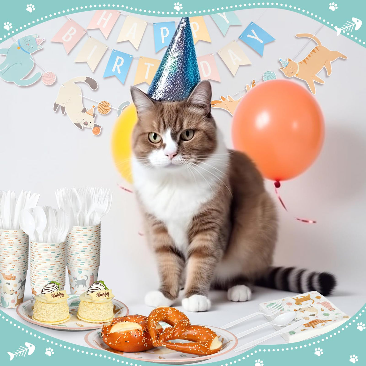 Qinyoung 176 Pcs Cat Birthday Party Supplies Disposable - Qinyoung Official Imagery - 7