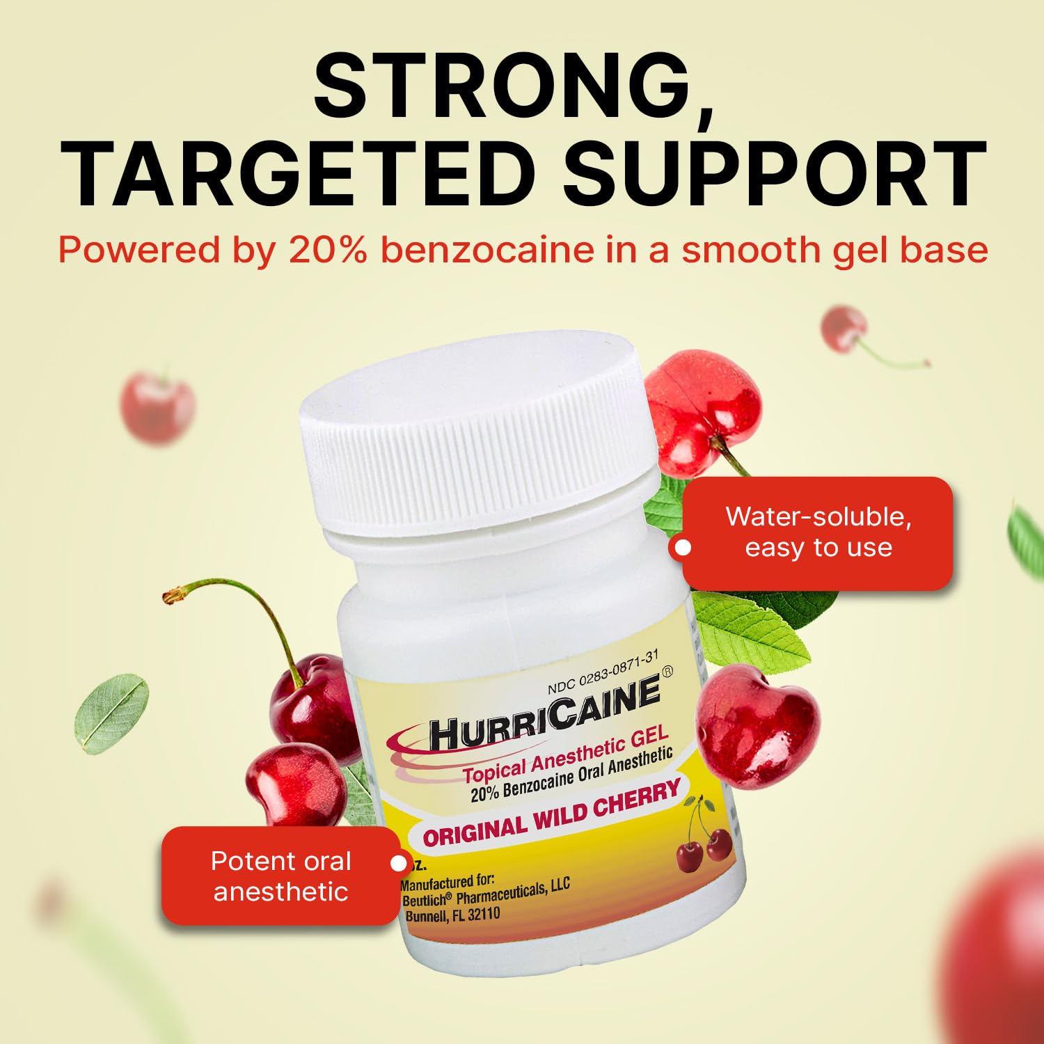 HurriCaine 20% Benzocaine Oral Pain Relief Gel, Wild Cherry 1oz