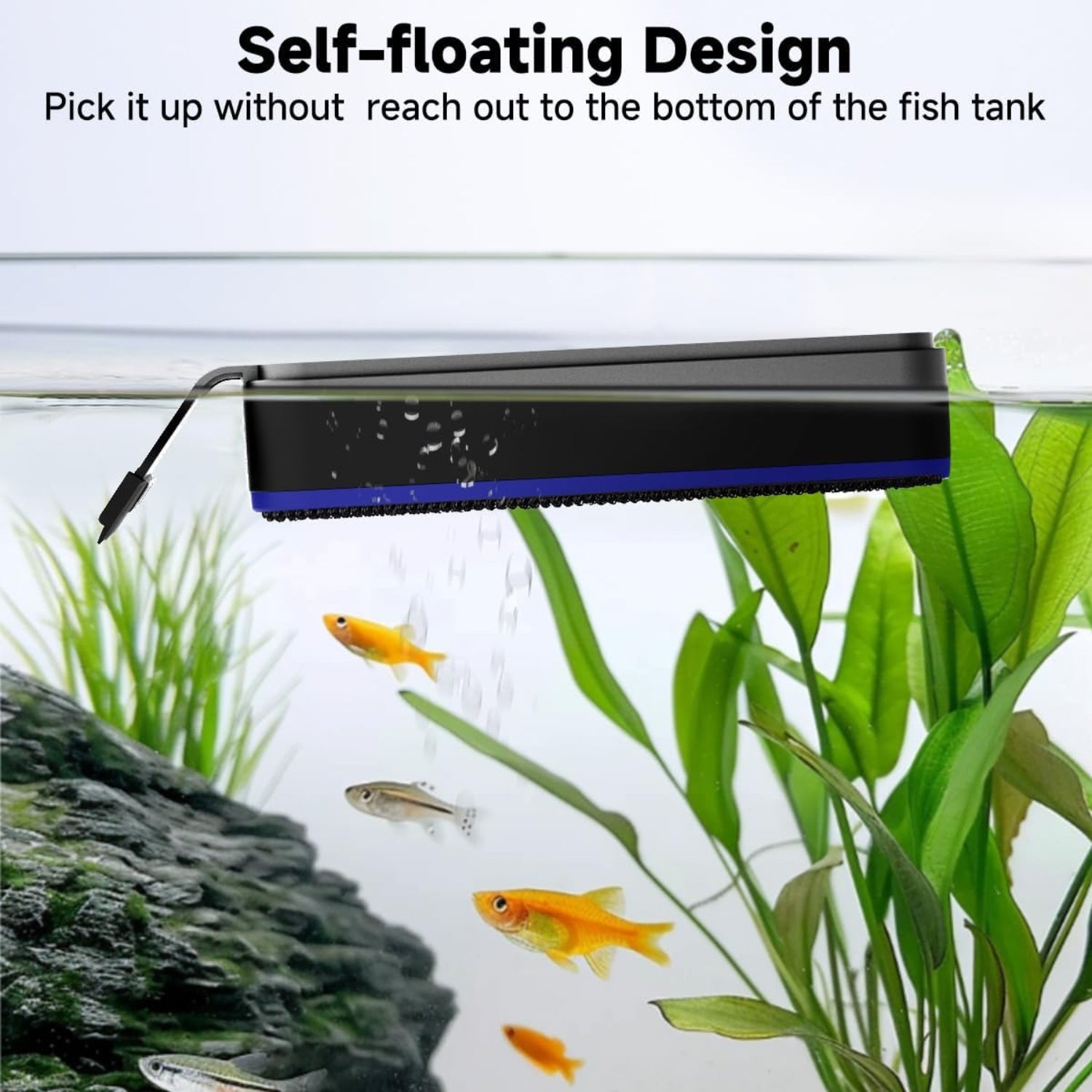 AQQA magnetic aquarium glass cleaner with dual blades for algae removal on a fish tank glass surface