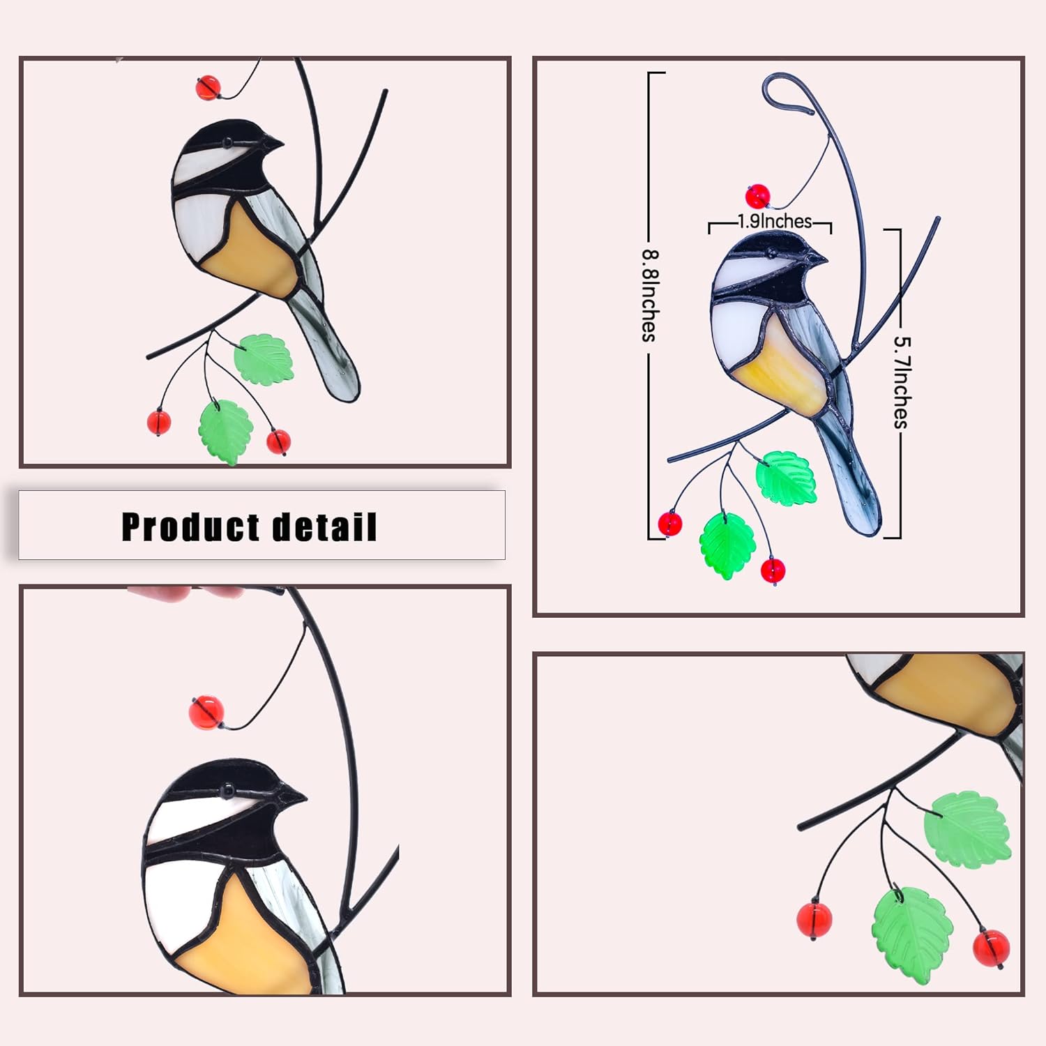 Lolitarcrafts Chickadee stained glass suncatcher bird hanging for window decoration, featuring colorful stained glass design.