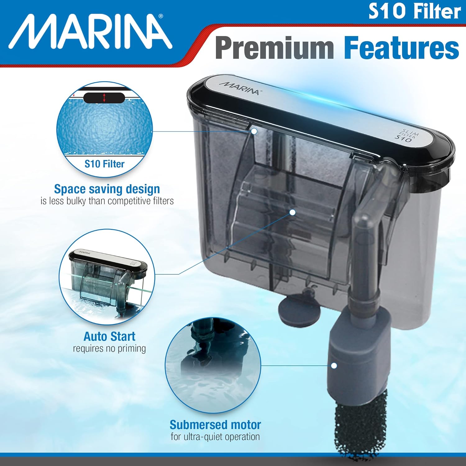 Marina S10 Power Filter for aquariums up to 10 gallons, compact filter with adjustable flow and easy-maintenance design.