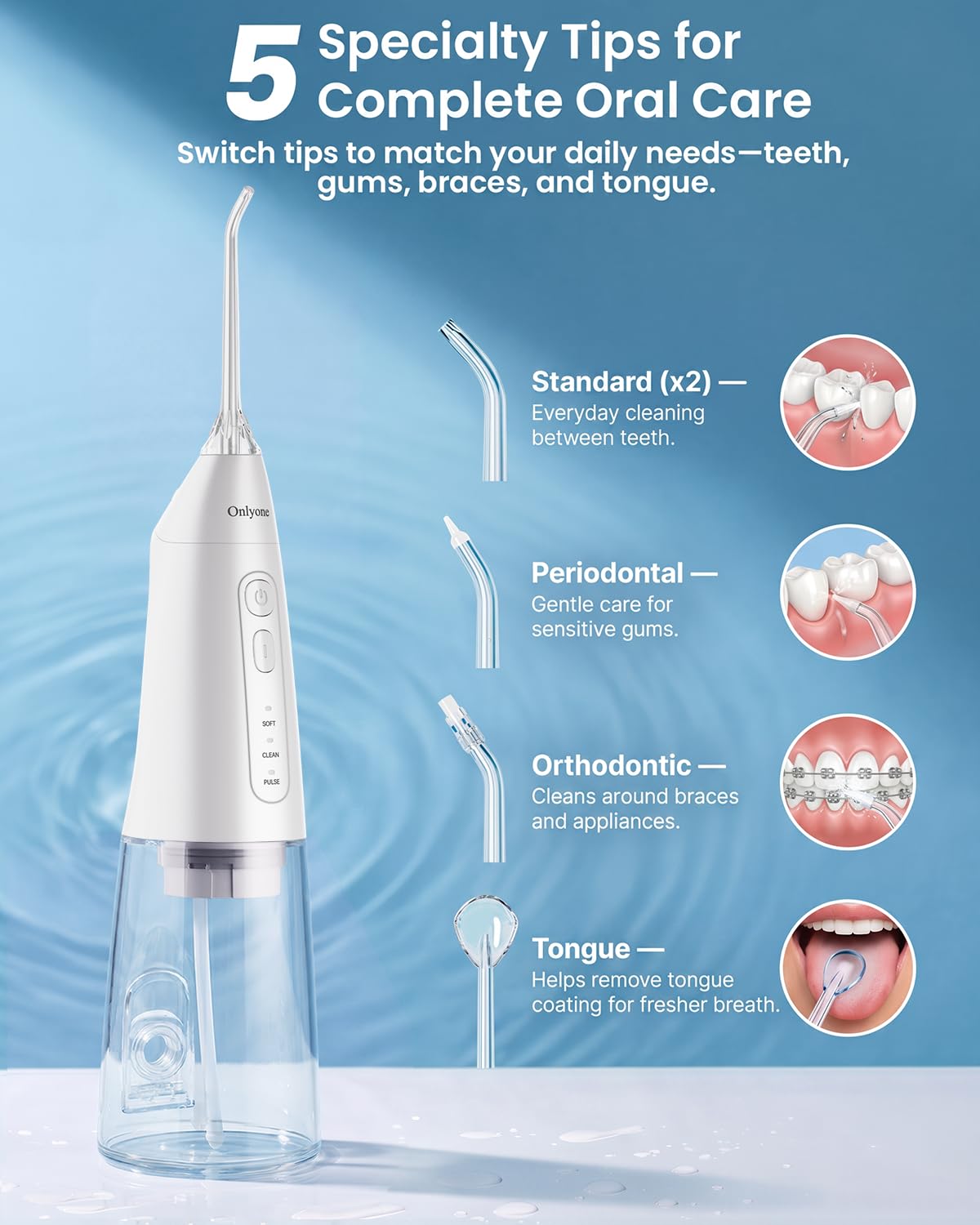 Onlyone Portable Water Flosser with 3 Settings 5 Tips for - Onlyone Official Imagery - 5