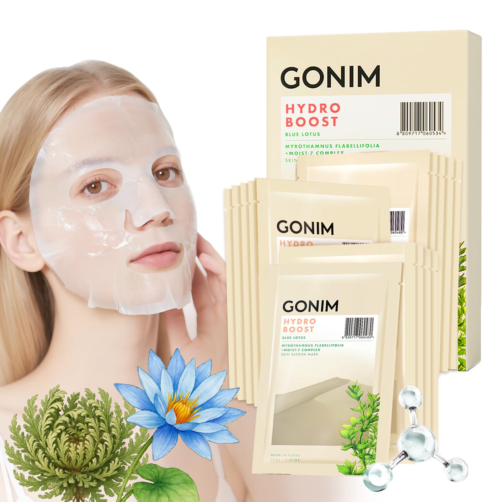 Korean Face Mask, Hydrating Face Mask Sheet with Hyaluronic Acid - GONIM
