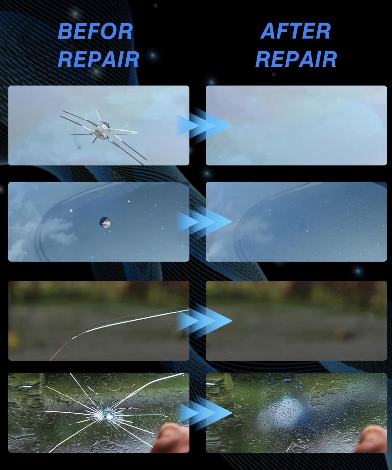 JPOBFT windshield crack repair kit for chips and cracks with tools and resin for effective auto glass repairs