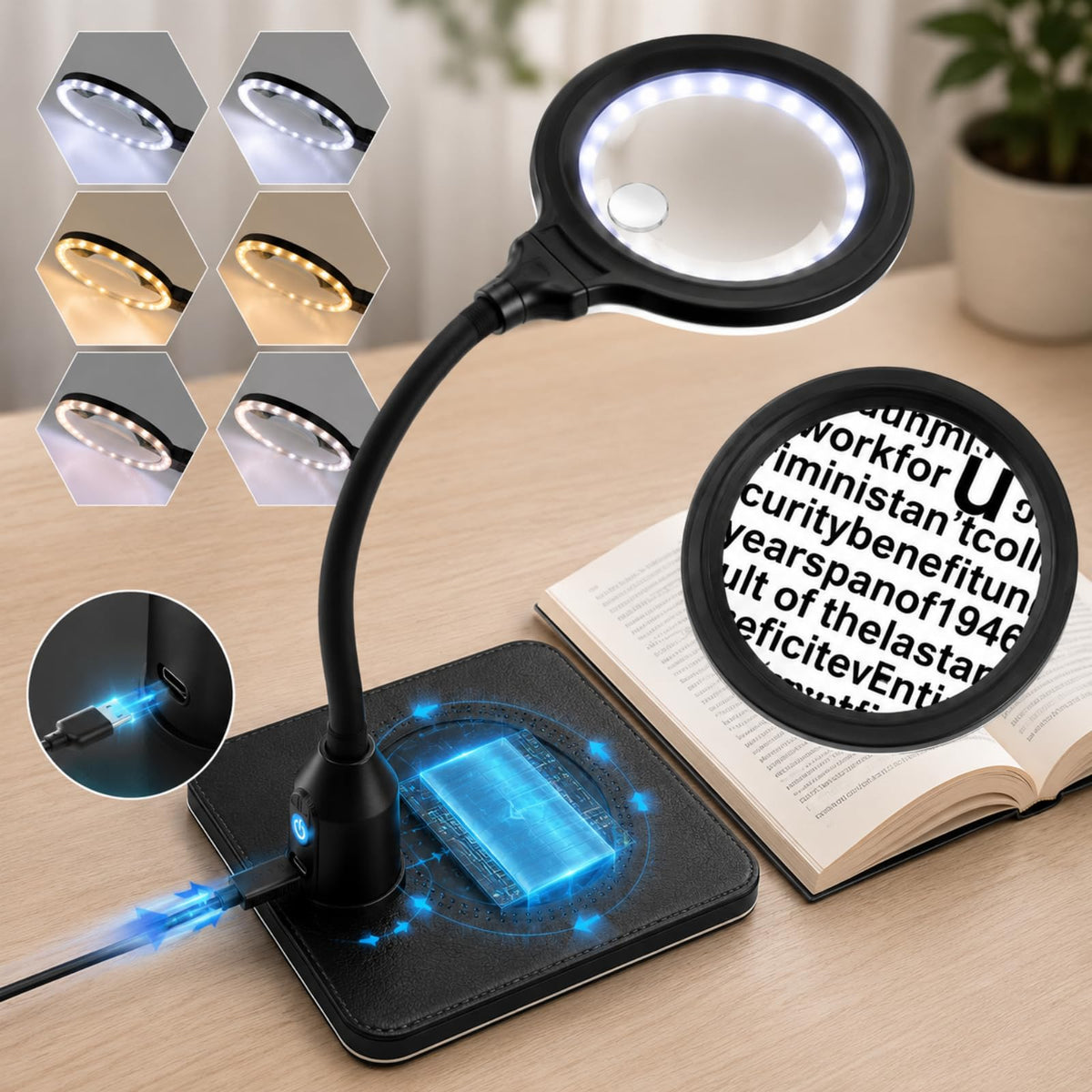 15X 30X Rechargeable Magnifying Glass with Light and Stand - Huiboer Official Imagery - 1