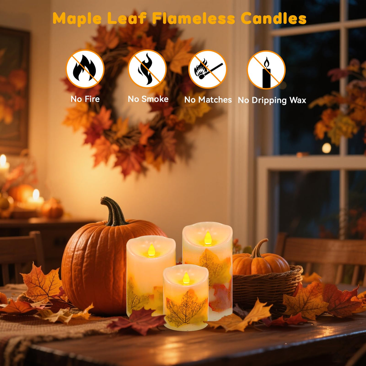 Maple Leaf Flameless Candles Set of 3 Fall Candles with - VEEKI Official Imagery - 3