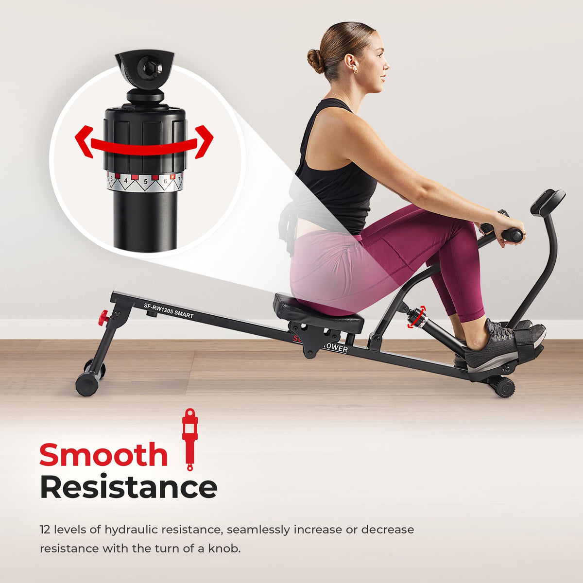 Sunny Health Fitness Compact Hydraulic Rower with 12 Level - Sunny Health & Fitness Official Imagery - 7