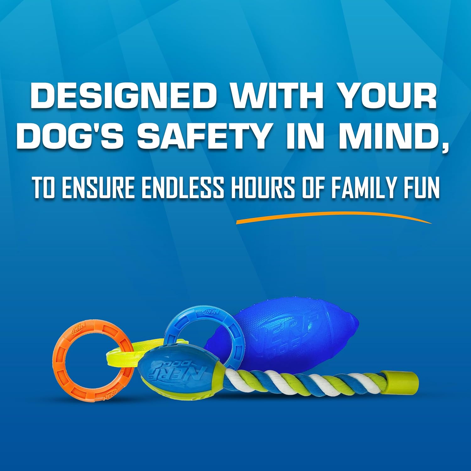 Nerf Dog Toy Gift Set with three outdoor dog toys including a football for tug and fetch activities.
