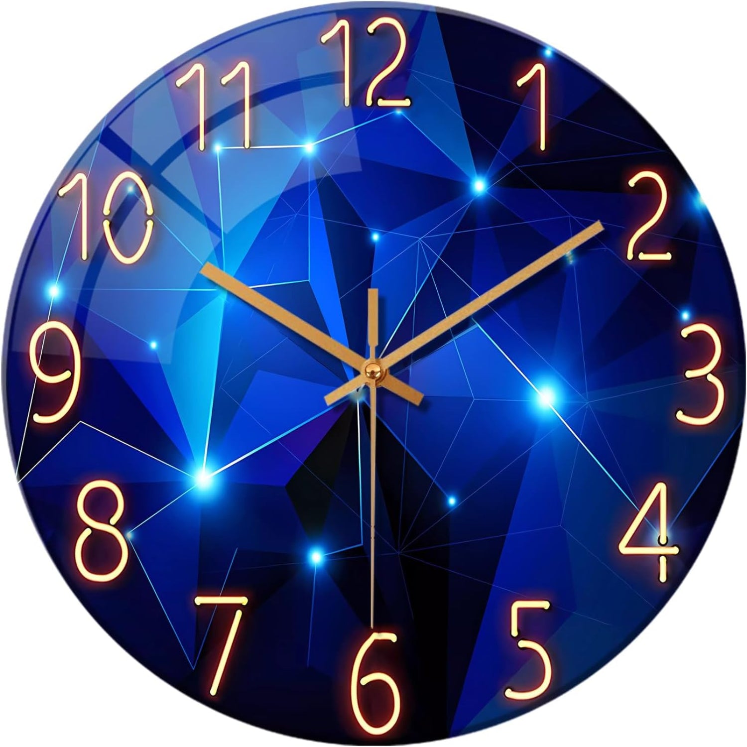 Blue 12-inch round glass wall clock by Constantplanet, decorative battery-operated clock for living room or kitchen decor.