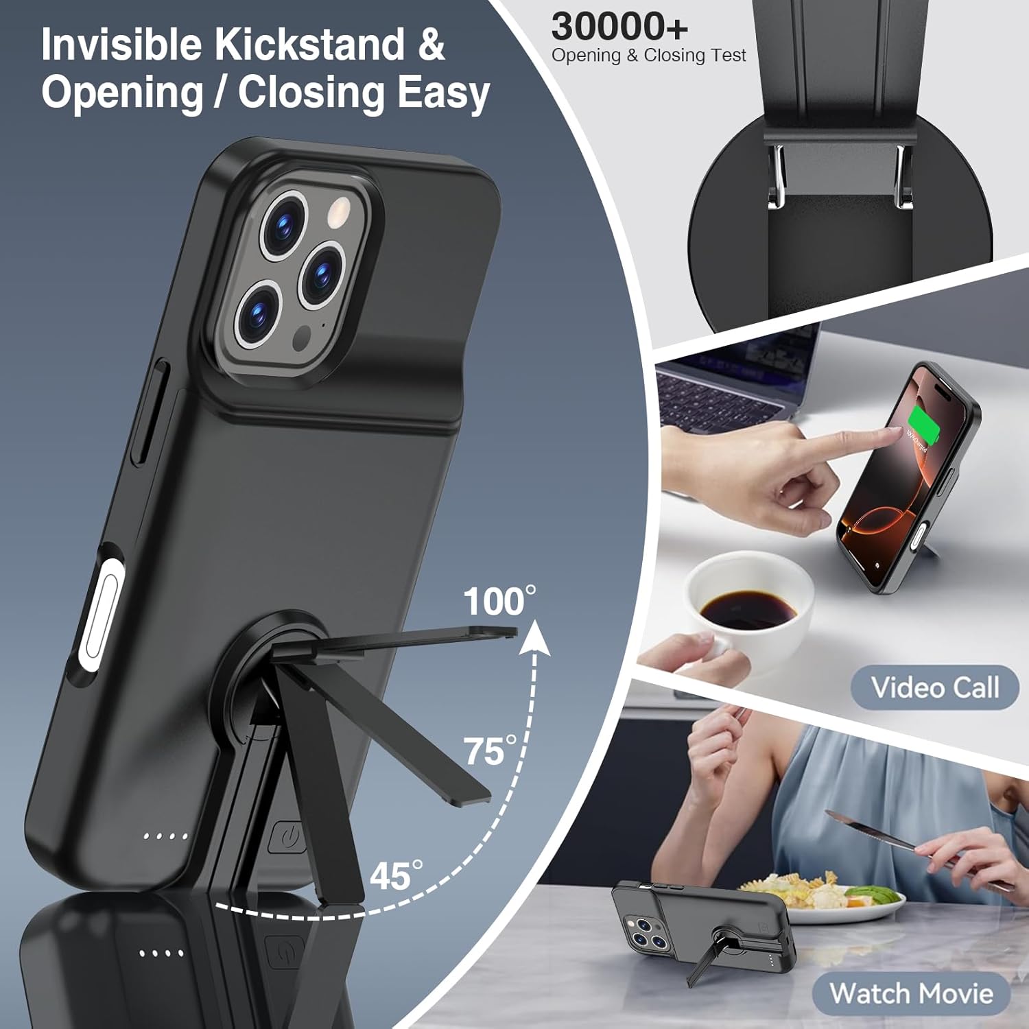 BOPPS iPhone 16 Pro battery case with stand, slim 8500mAh portable power bank and protective cover for smartphone charging