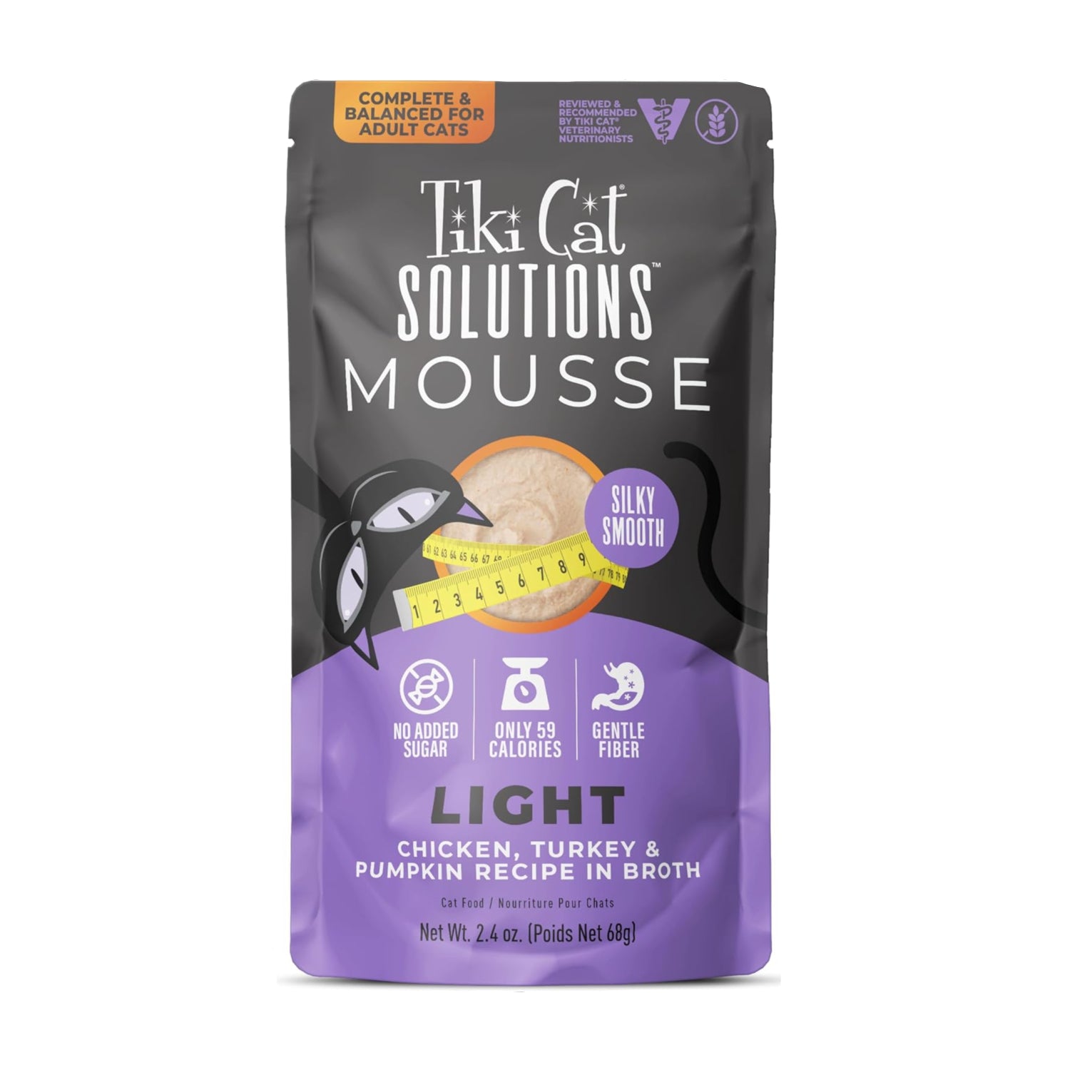 TIKI PETS Tiki Cat Solutions Light Mousse with chicken, turkey, and pumpkin in a creamy cat food serving.
