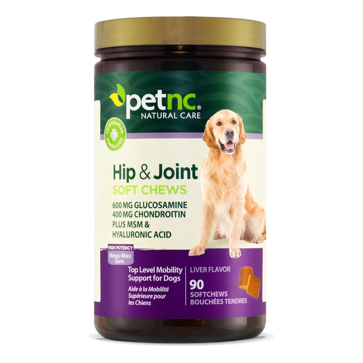 PetNC Natural Care Hip & Joint Mega Soft Chews for dogs, showing soft chews in a bowl with natural ingredients visible