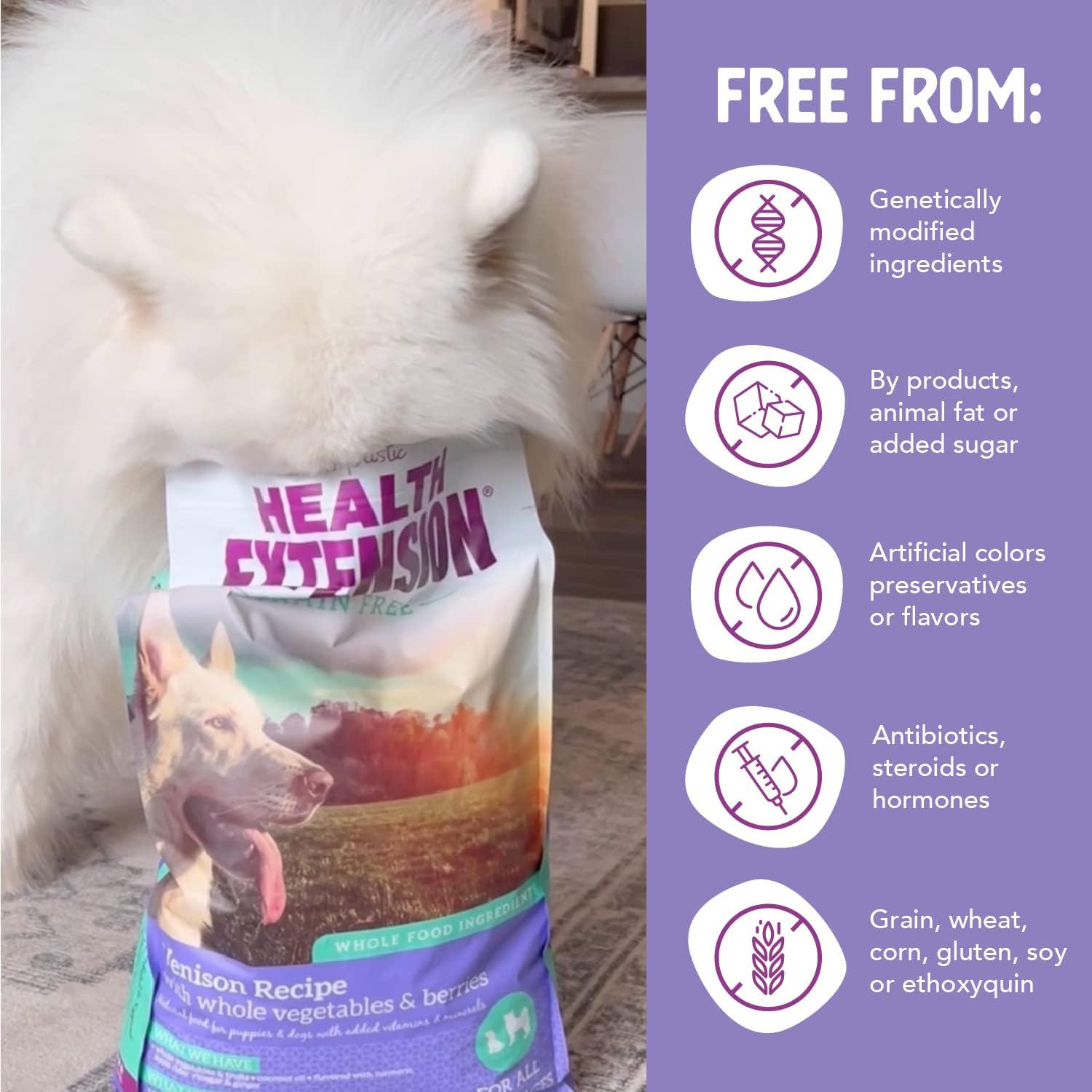 Health Extension dry dog food with venison, sweet potato, vegetables, and berries for puppies, enriched with vitamins and minerals.
