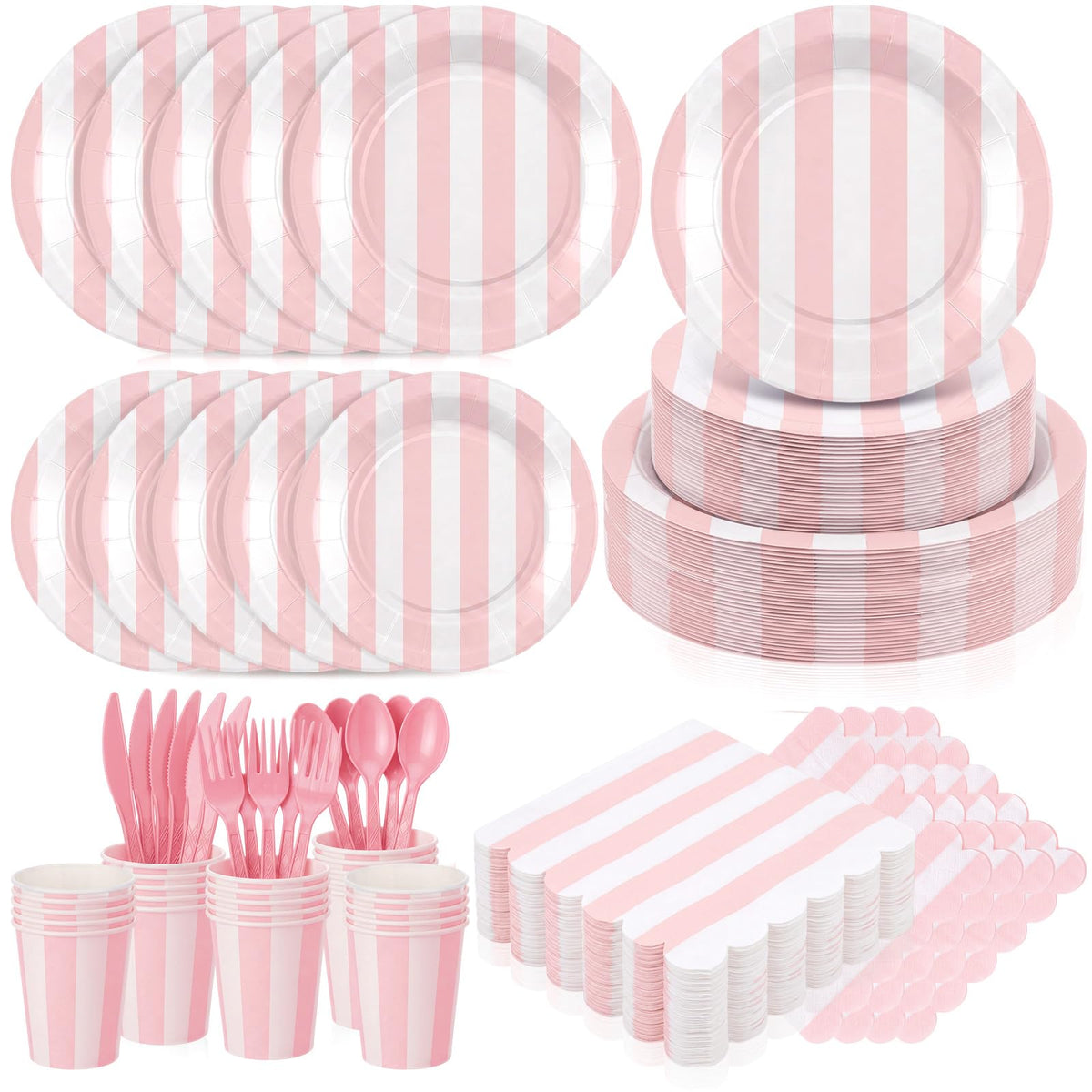 Mimorou 175 Pcs Pink White Striped Party Tableware for 25 - Mimorou Official Imagery - 8