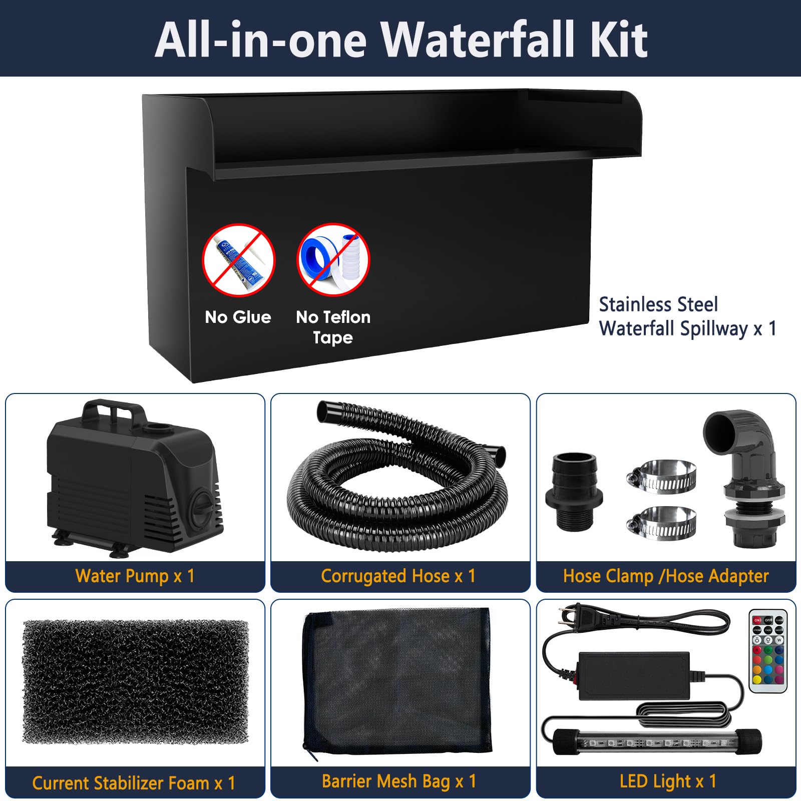 AquaMiracle Pond Waterfall Kit with LED Lights, All-in-1 Stainles - AquaMiracle Official Product View 9