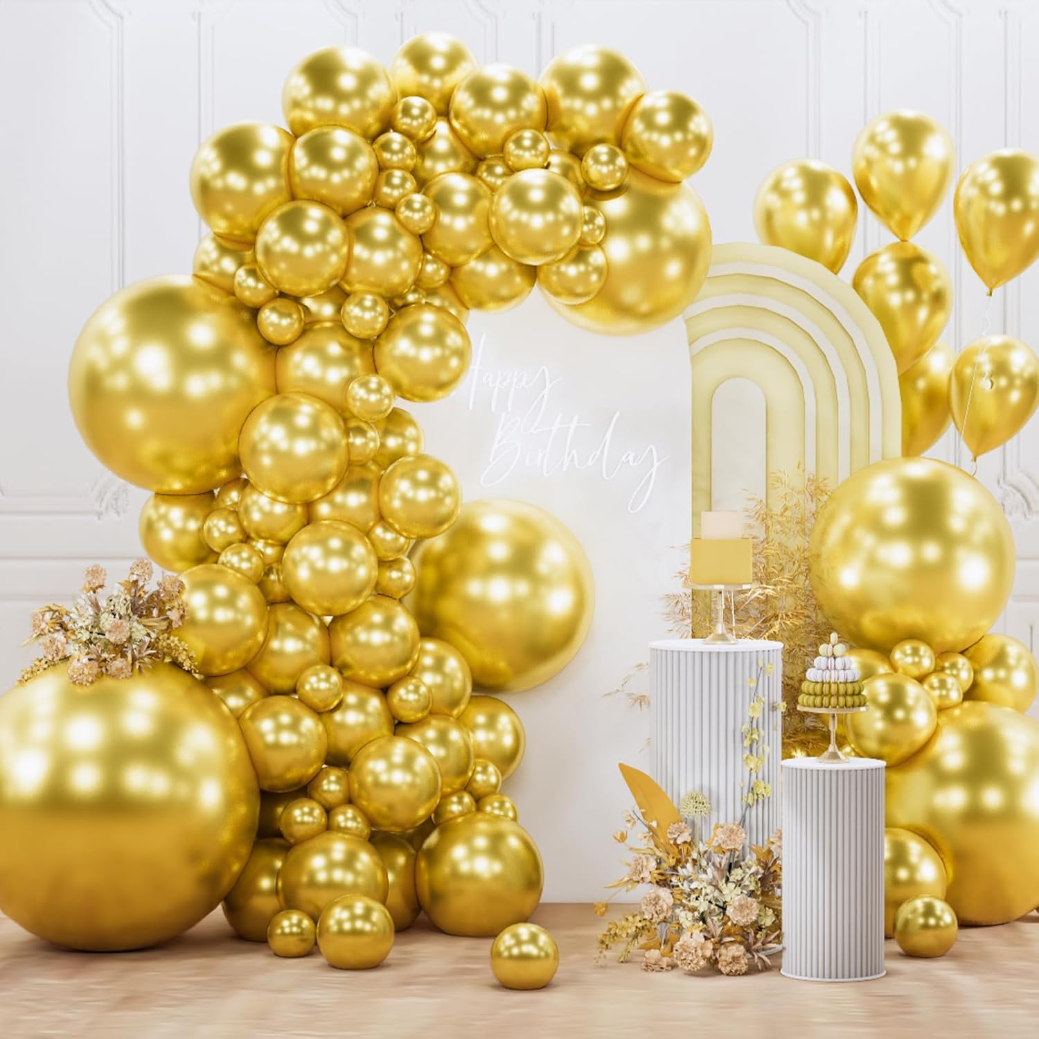 PartyWoo gold balloons in various sizes including 36, 18, 12, 10, and 5 inches, arranged for a festive balloon arch.