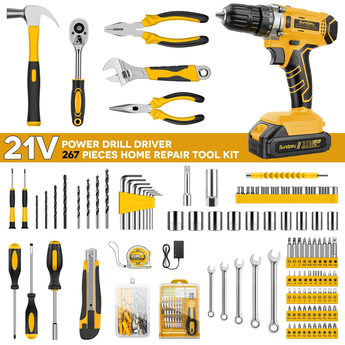 Sundpey 267 Pcs Tool Kit Set for Home with 21V Cordless - Sundpey Official Imagery - 3