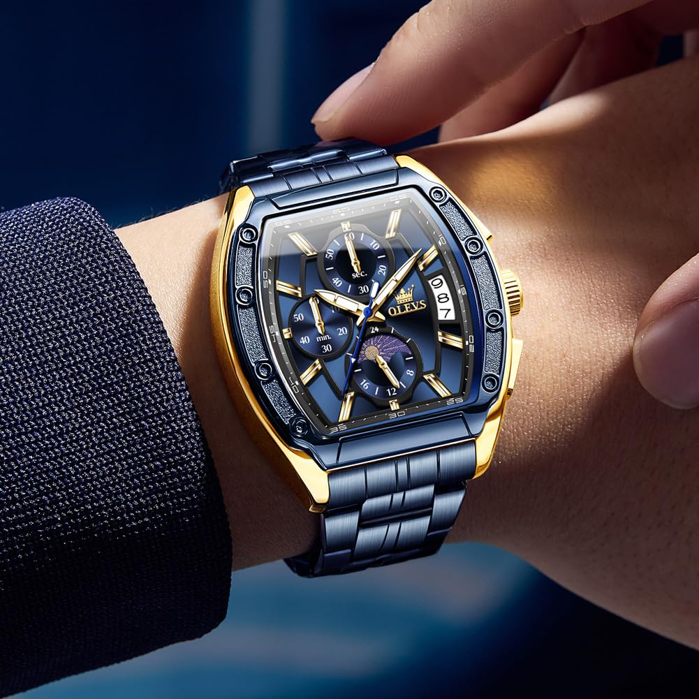 OLEVS Men's Chronograph Square Watch – Gold Blue