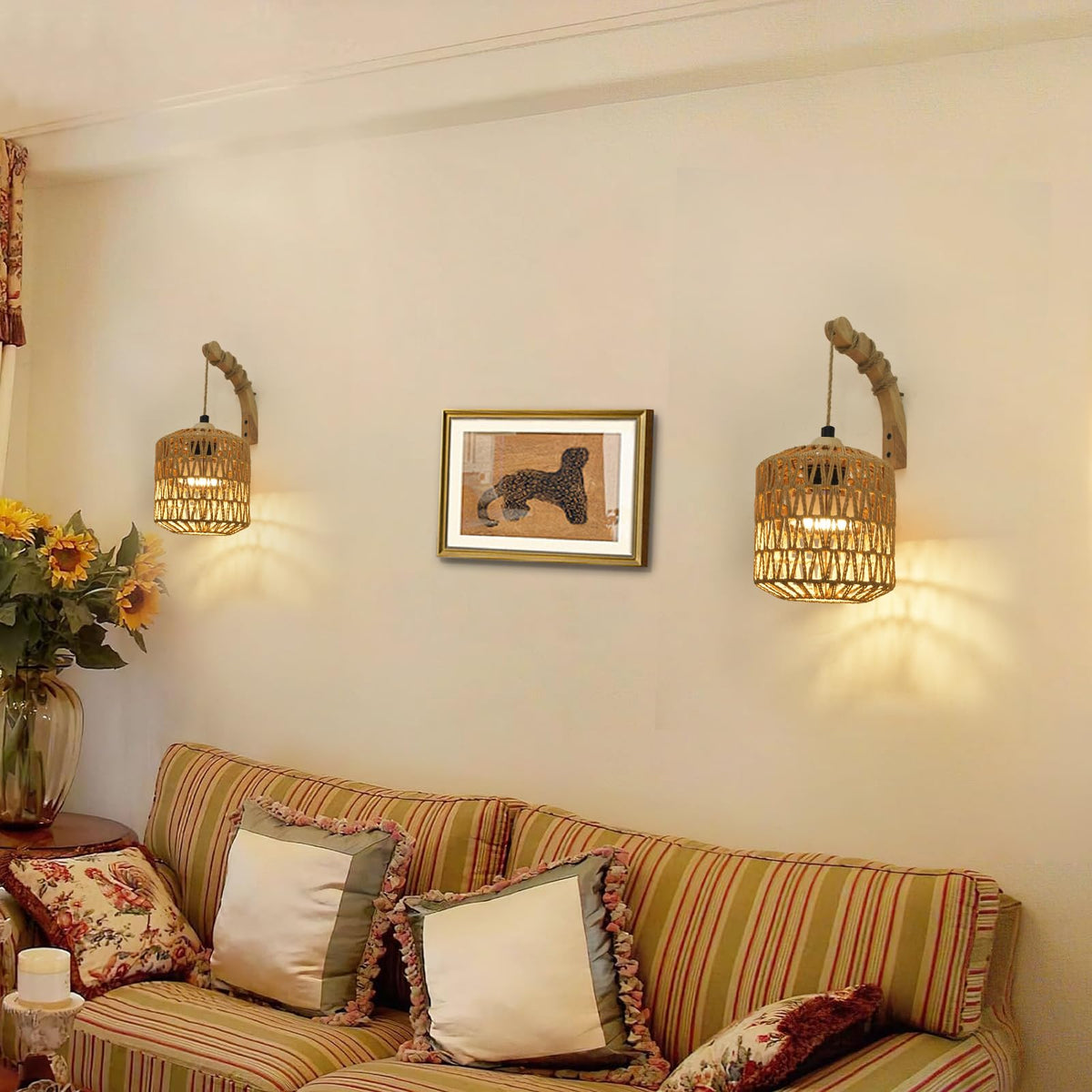 Boho Woven Rattan Cordless Wall Sconce Set of Two Natural - NOVCAND Official Imagery - 8