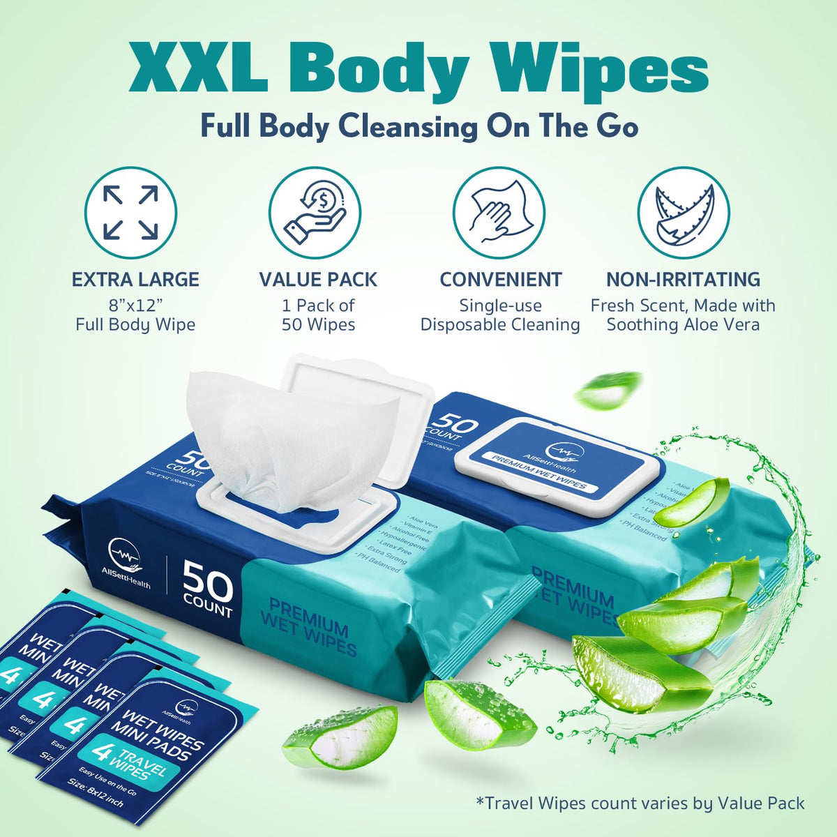 Body Wipes for Adults Bathing No Rinse - AllSett Health Official Imagery - 3