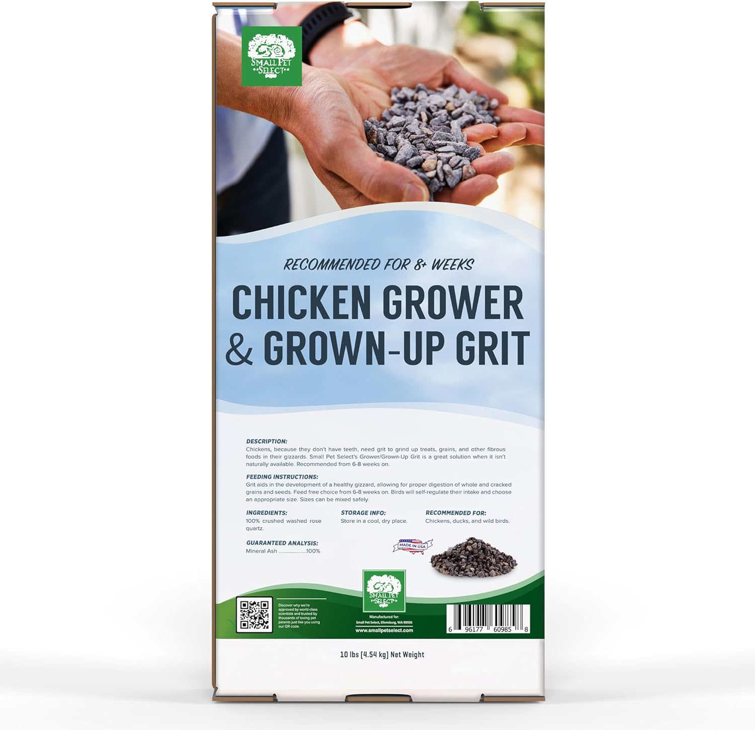 Small Pet Select Grower Grown-Up Chicken Grit for small pets, 10lb bag, showing the textured grit suitable for poultry diets.
