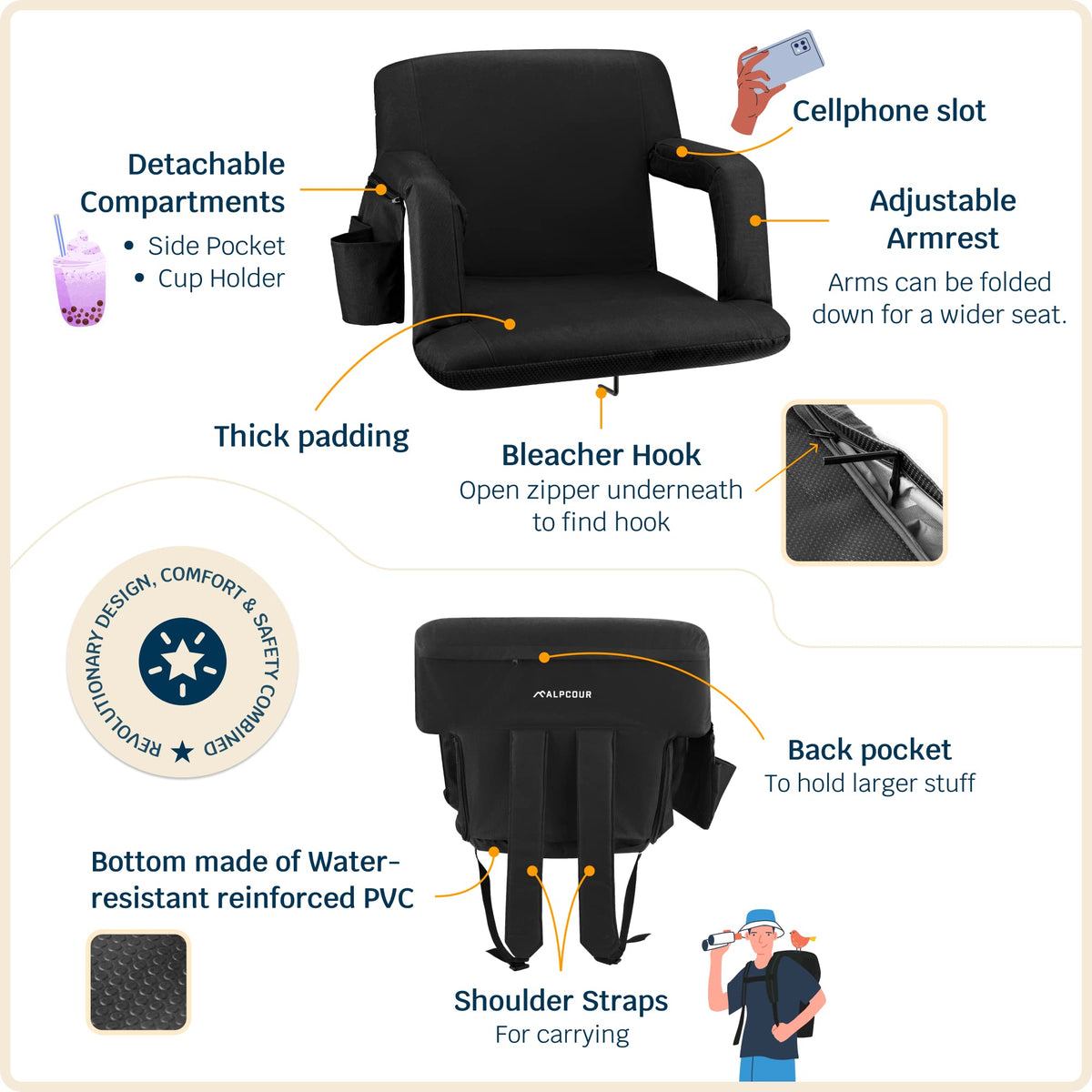 Reclining Stadium Seat Wide Bleacher Chair with Back Support - Alpcour Official Imagery - 6