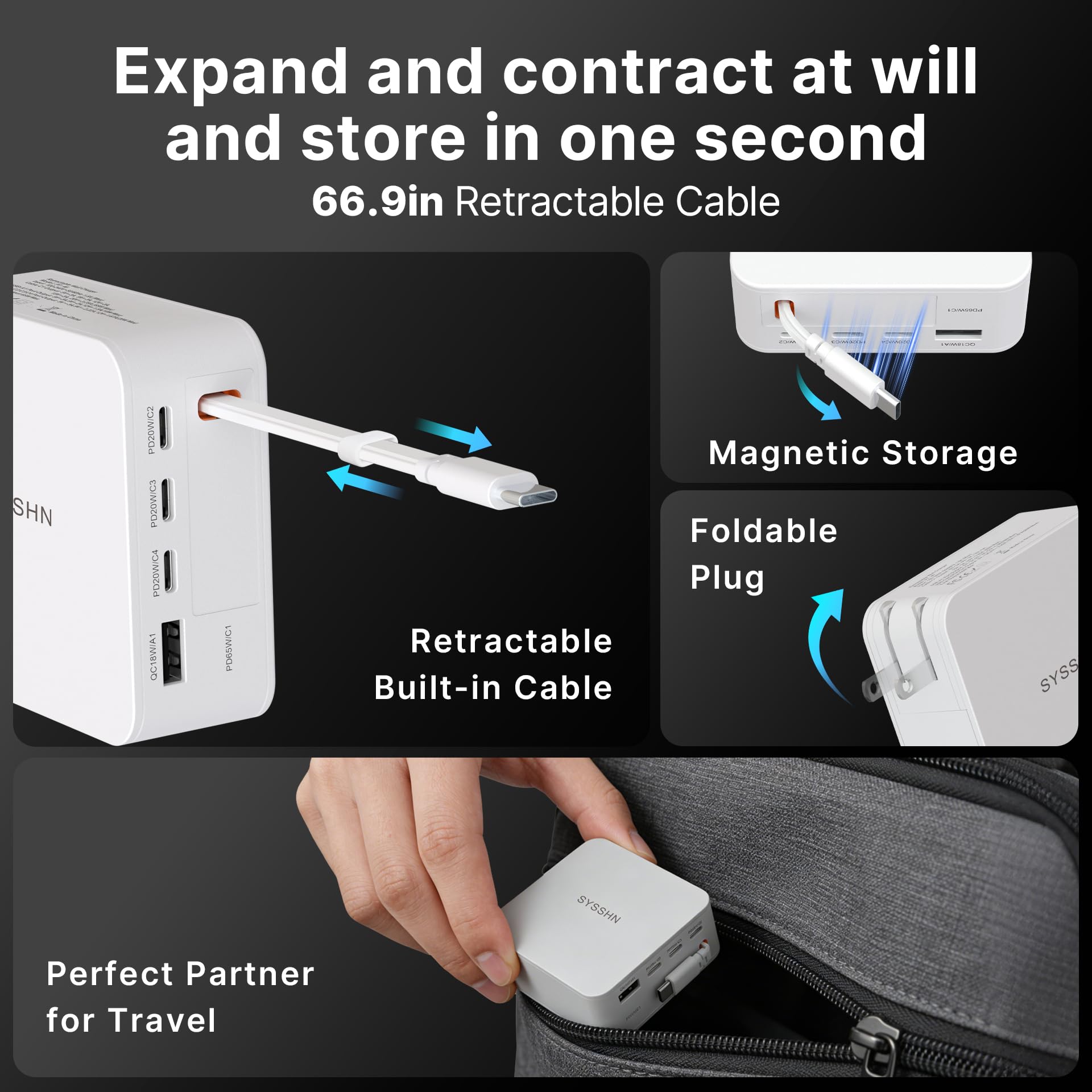 SYSSHN 65W GaN6 retractable wall charger with long USB-C cable, foldable plug, compatible with MacBook, iPhone, Galaxy, Switch, and iPad Pro.