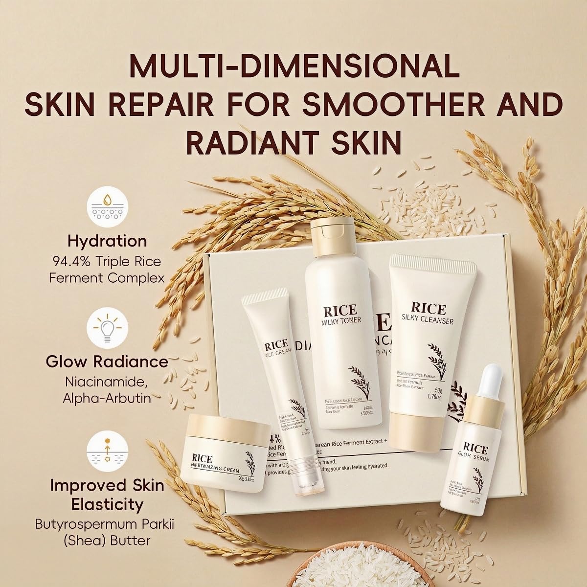 Korean Skin Care Set with Rice, 5-Step Facial Kit for Women - feeling group