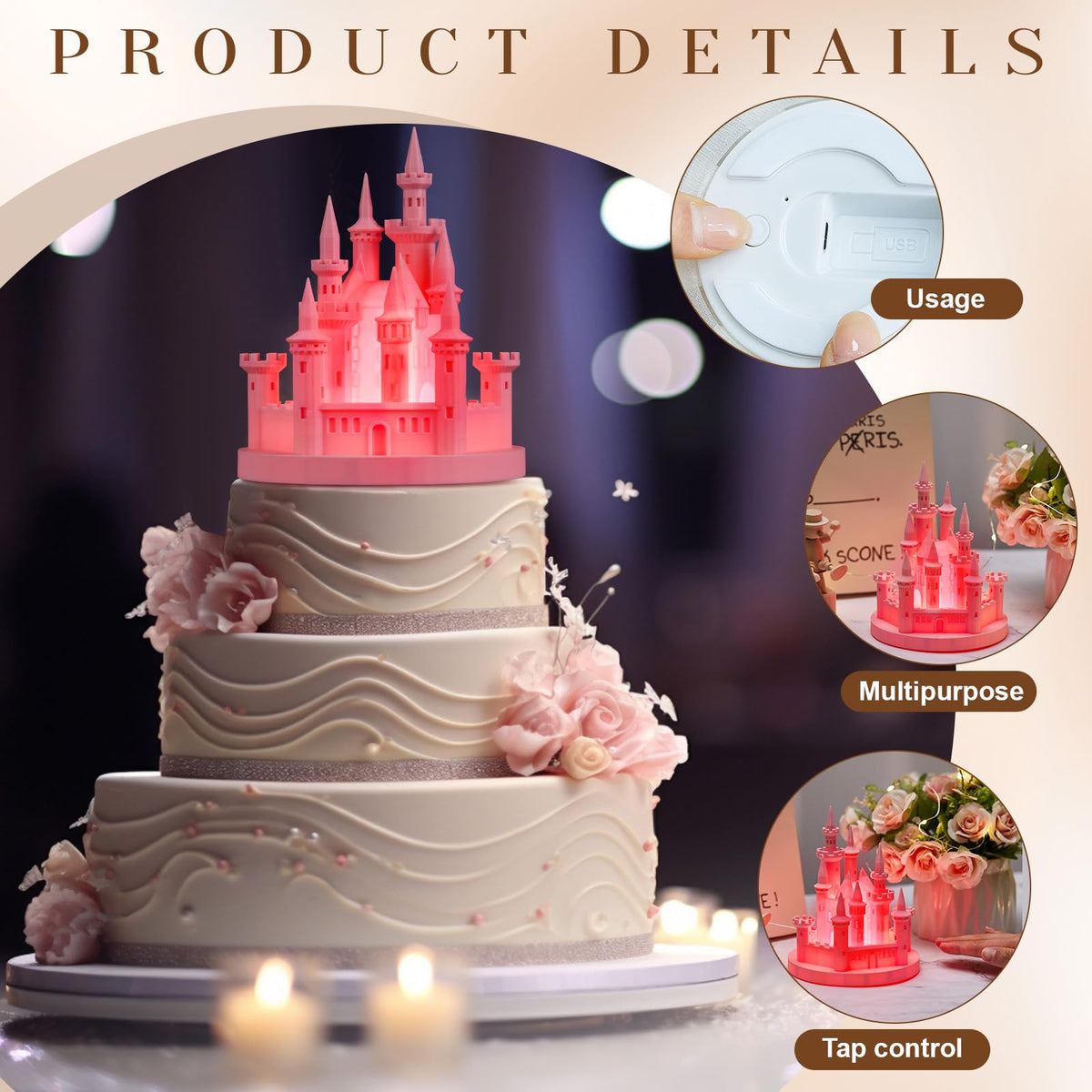 4 8 3D Princess Castle Cake Topper with Nightlight Pink - Baquler Official Imagery - 4