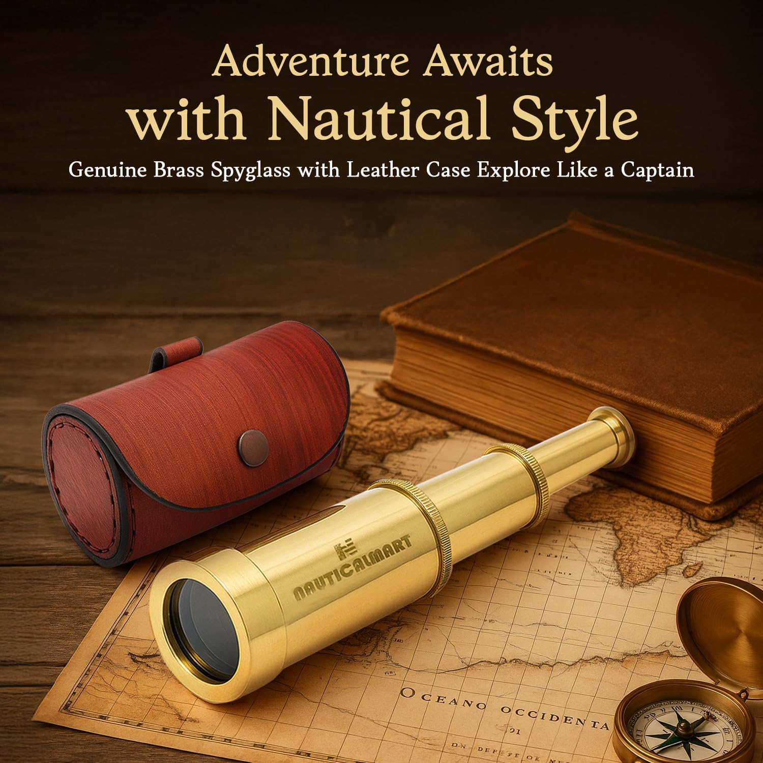 Solid brass handheld telescope with 6-inch length, nautical pirate spy glass, featuring a protective case for outdoor maritime use.