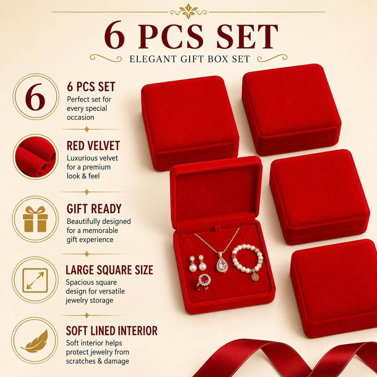 6 Pcs Red Velvet Jewelry Box Set Large Necklace Organizer - YQLHprom Official Imagery - 5