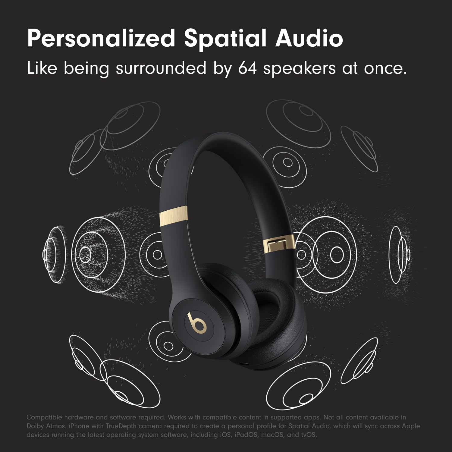 Beats Solo 4 wireless on-ear Bluetooth headphones in black and gold with lightweight design and visible ear cushions.