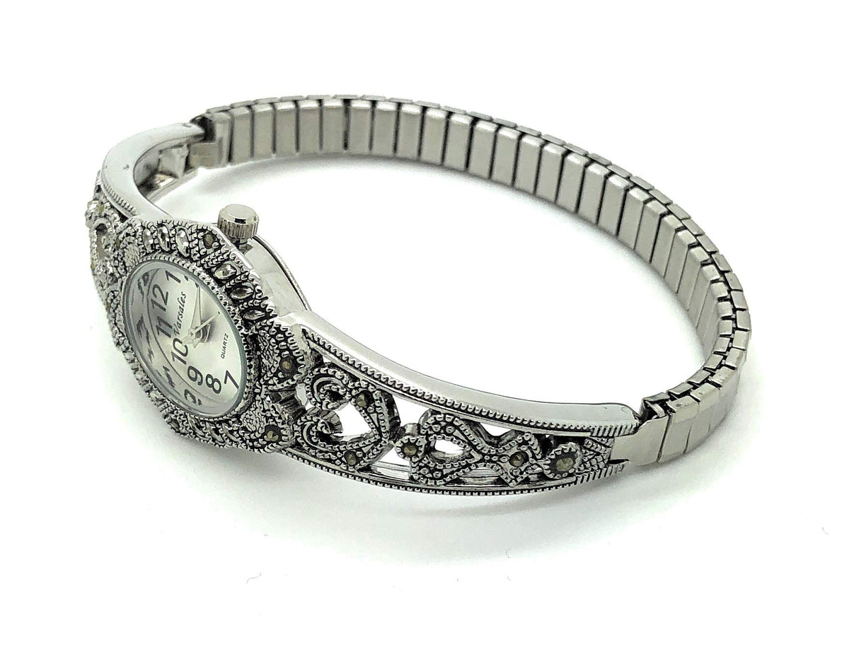 VERSALES Ladies Elegant Oval Marcasite Stretch Elastic Band - VERSALES Official Imagery - 4