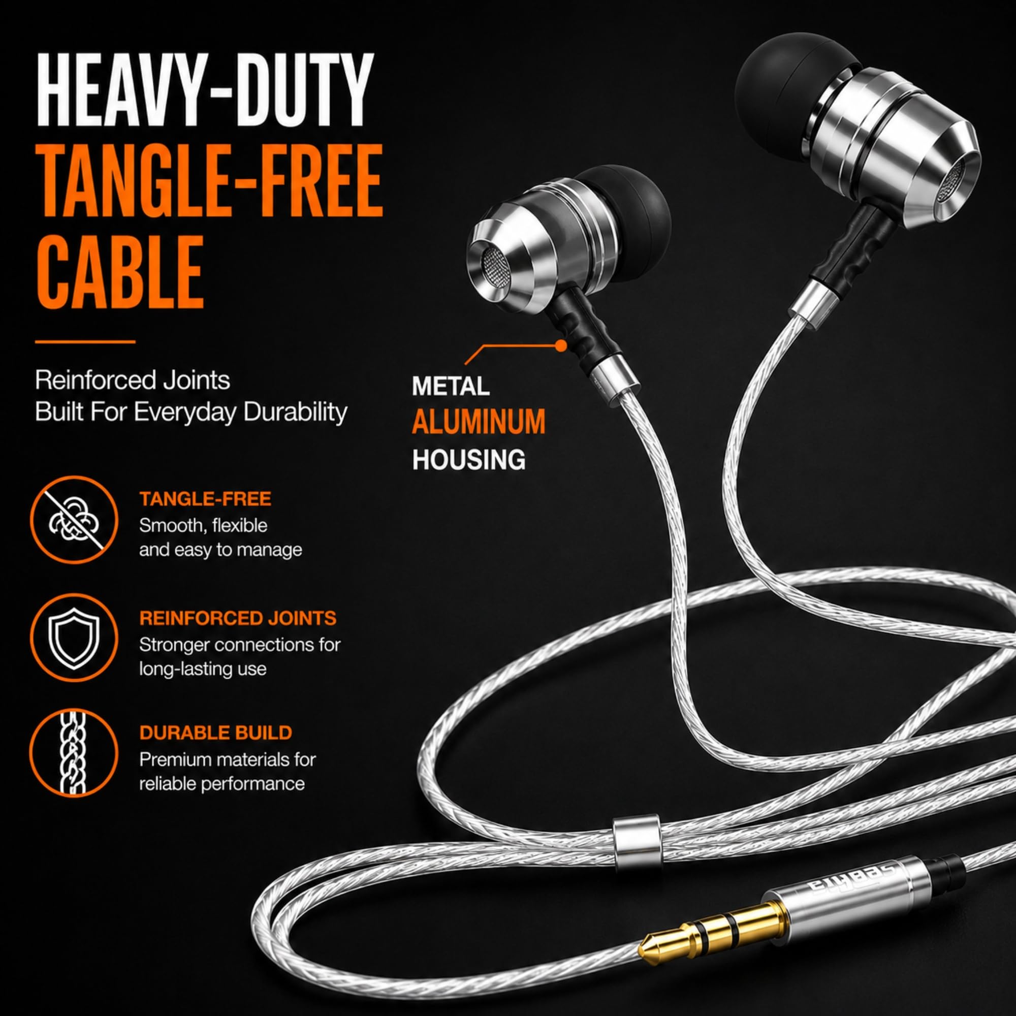 Sephia SP3060 wired in-ear headphones, black earbuds with inline mic and control, designed for clear audio and comfortable fit.