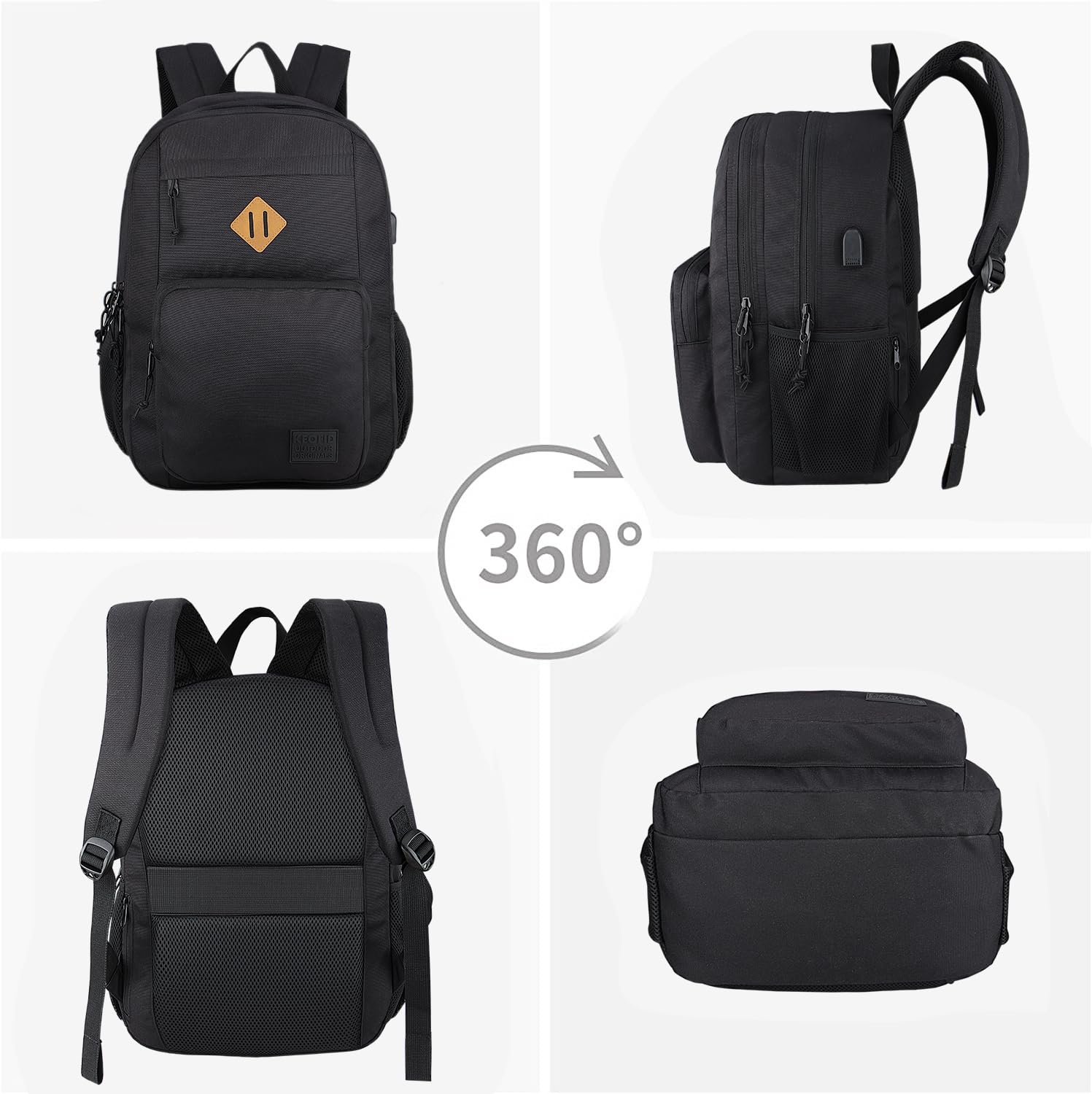 KEOFID Travel backpack for Men and Women, Anti Theft Laptop Backpack with USB Charging Port for Work, Large Bag for College, Carry-on Backpack with Luggage Strap, Water Resistent(Black)