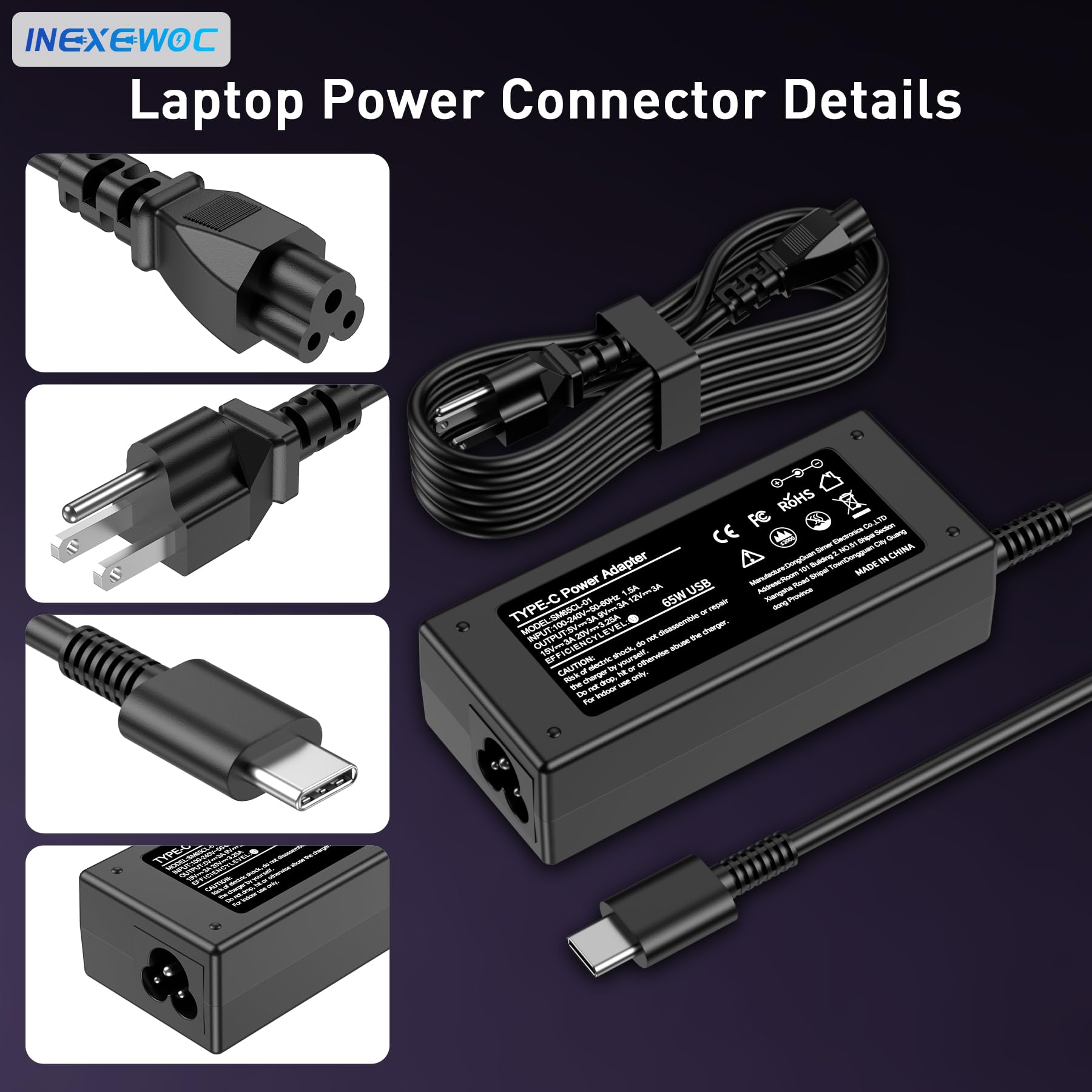 INEXEWOC 65W USB C Laptop Charger – Universal Compatibility