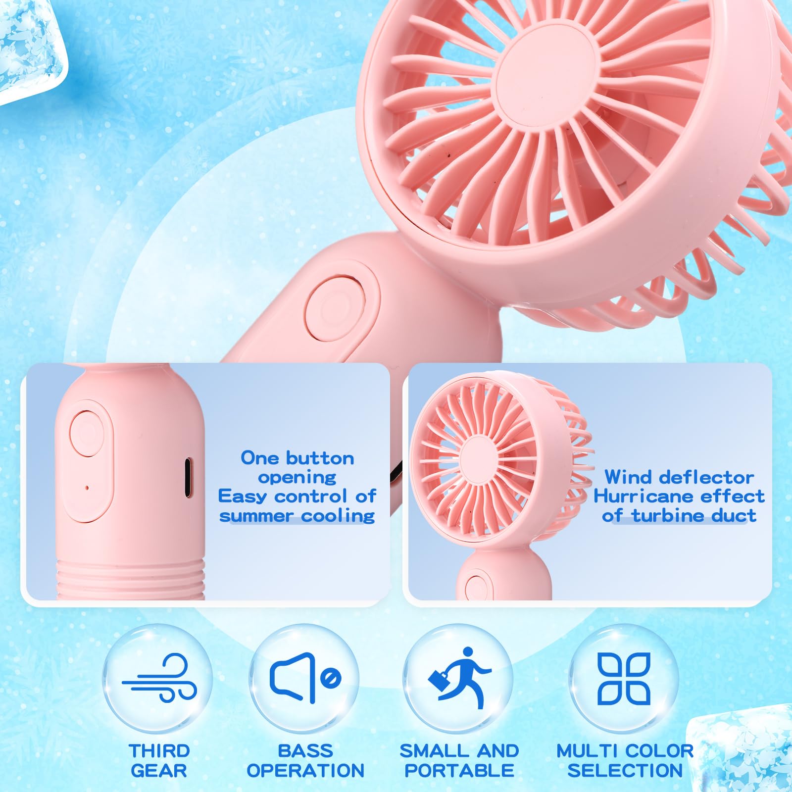 Rossesay 1 Pcs Mini Portable Fan 3 Speed Rechargeable, Pink - View 5