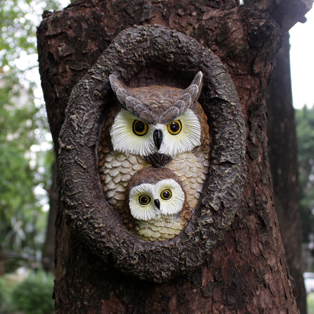 JARPSIRY owl tree hugger sculpture featuring a mom and baby owl face garden decor outdoor statue with whimsical tree face design