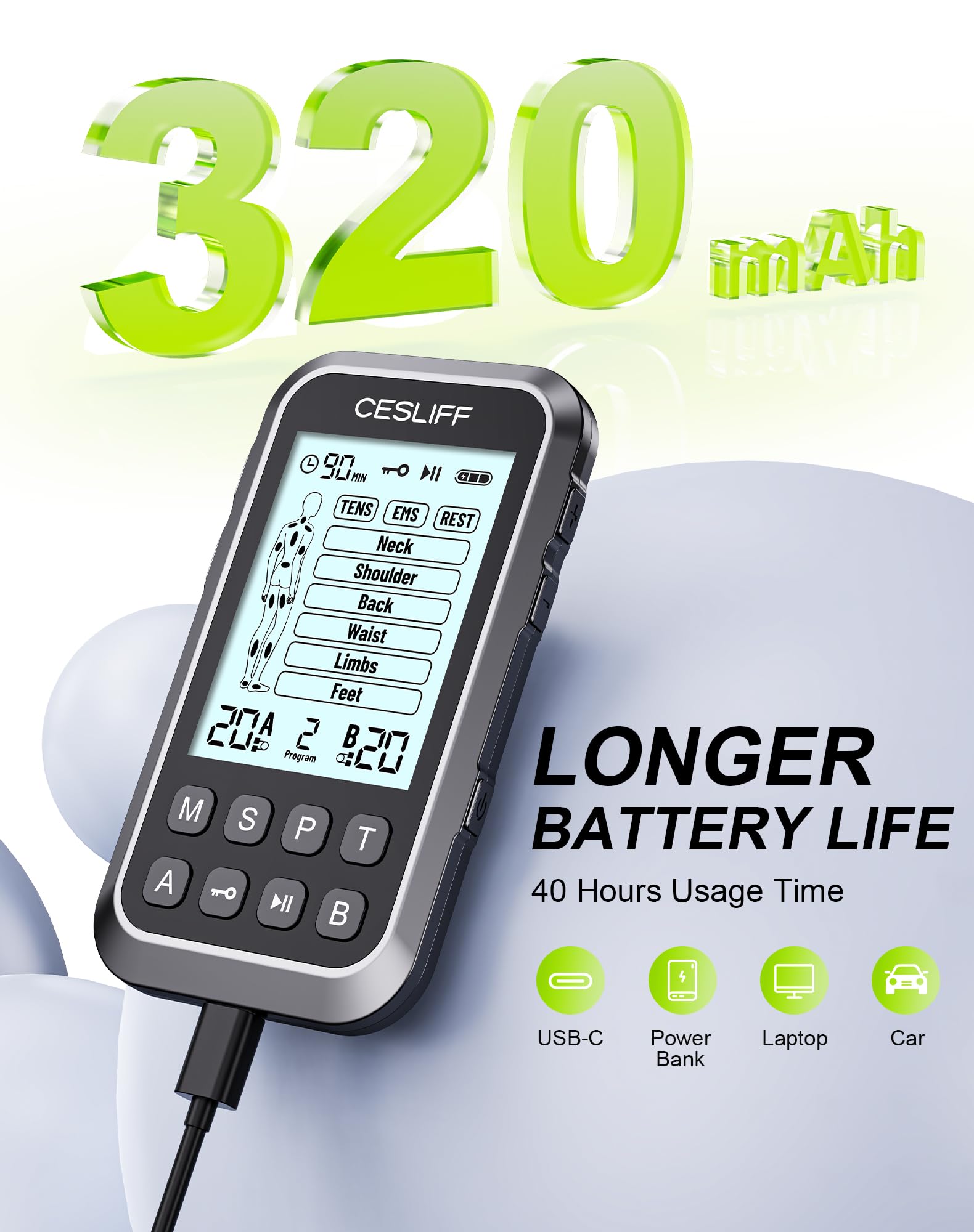 CESLIFF Dual Channel TENS Unit 3-in-1 Muscle Stimulator Machine with 36 Modes & 20 Levels for Shoulder, Back, Neck, Sciatica Pain Relief