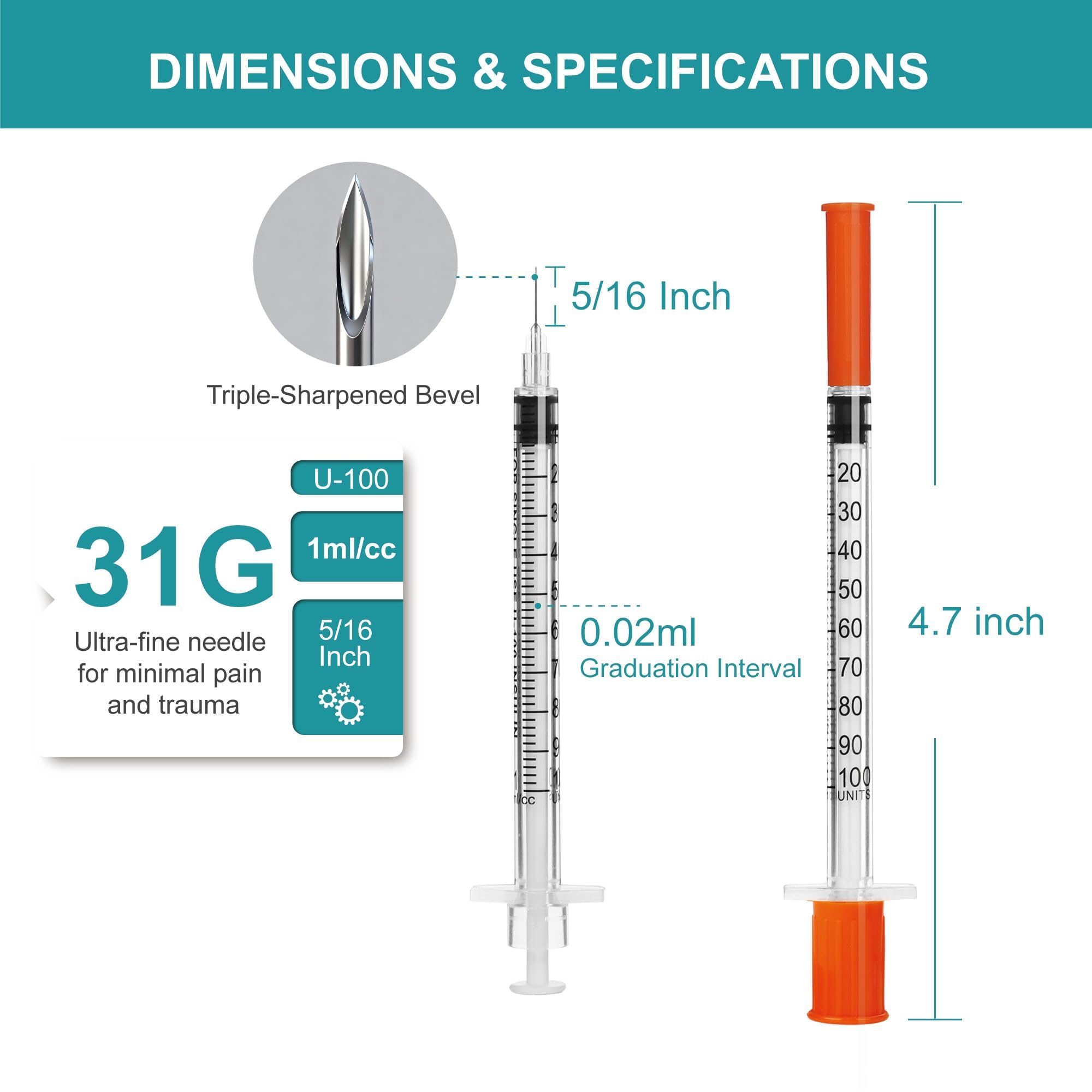 Foosi U-100 syringes with needle - 1ml 31G   5/16 inch syringe wi - Foosi Official Product View 2