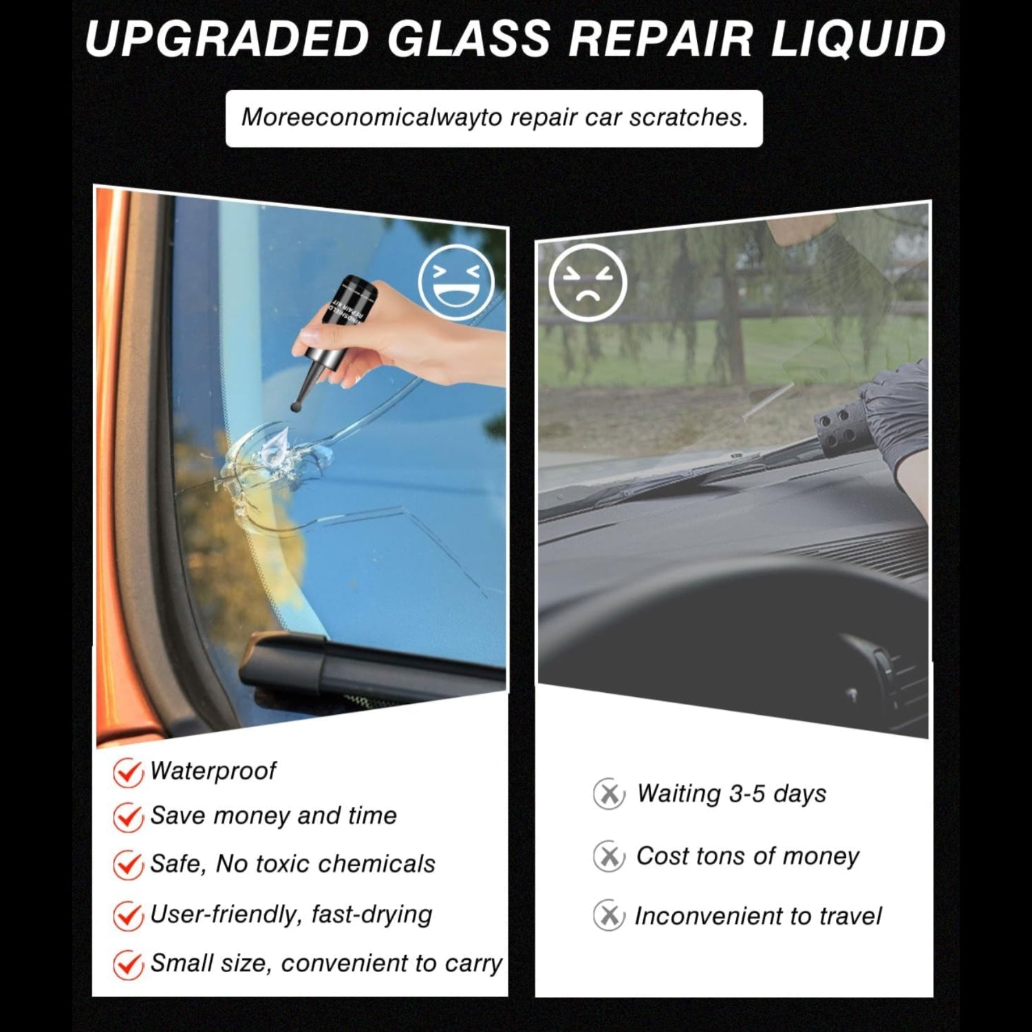 FTSJVE windshield repair kit for chips and cracks with tools and resin for DIY auto glass repair, includes chip and crack fixing components.