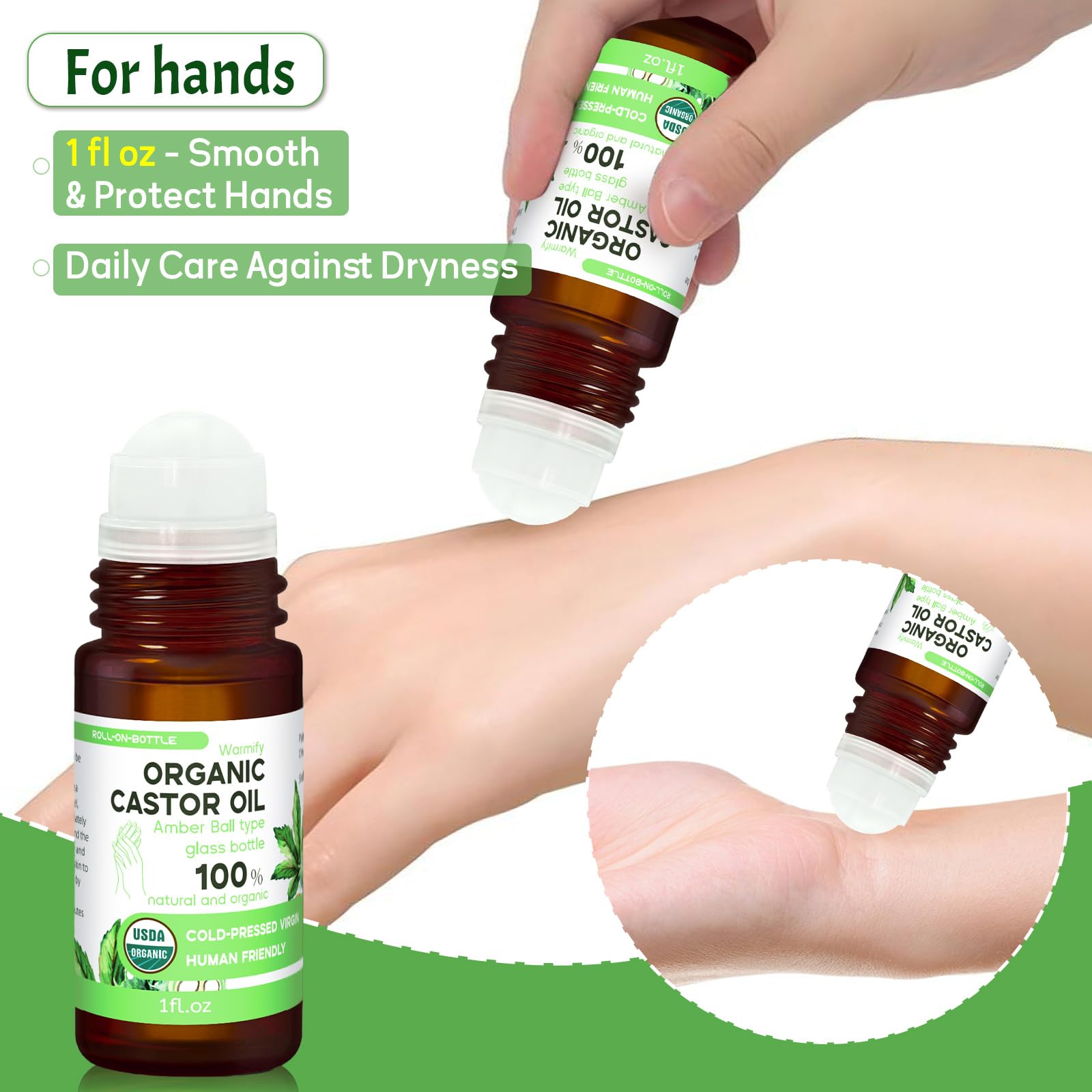 Warmify 6-in-1 castor oil roll-on set for face and body, natural skin moisturizer in sleek applicator bottles.
