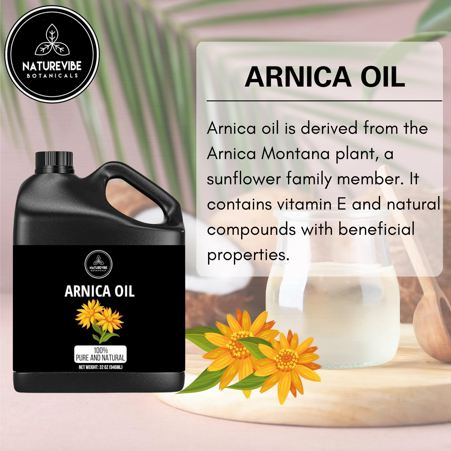 Naturevibe Botanicals Pure Arnica Oil 32 oz bottle, natural skin moisturizer and massage oil for soothing skin care.