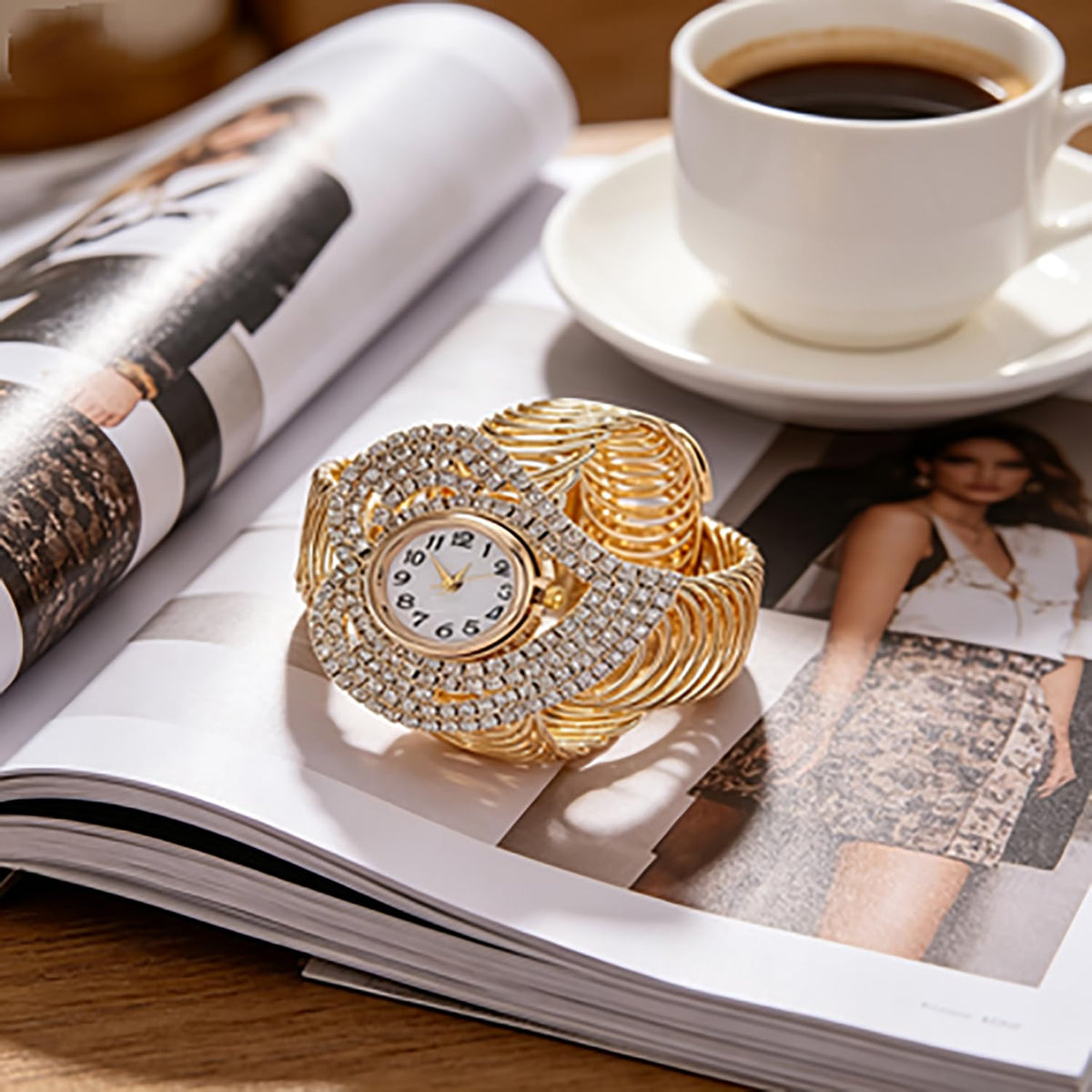 Women s Heart Shaped Crystal Bracelet Watch Gold Toned Cuffs - VILKFY Official Imagery - 7