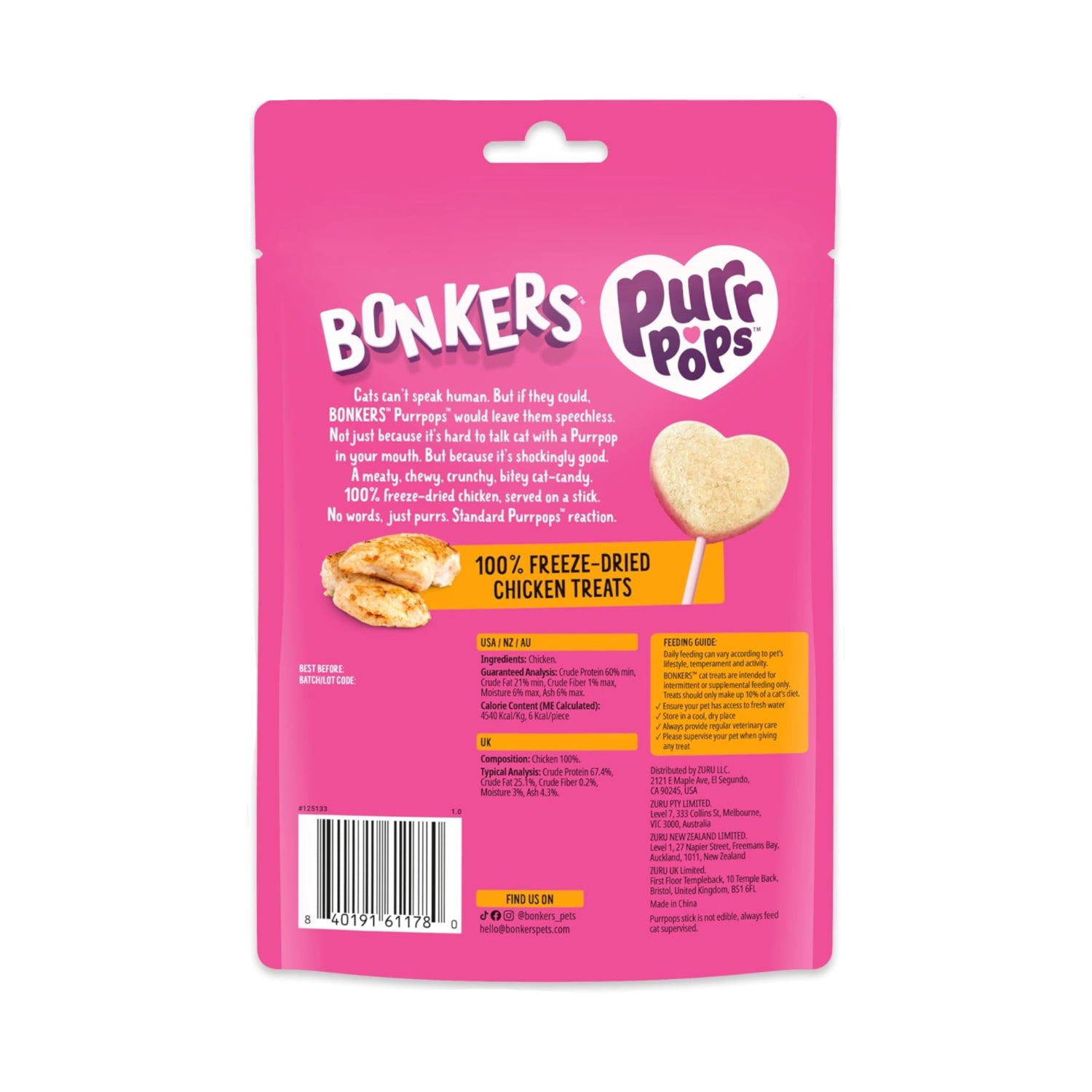 Bonkers Purrpops freeze-dried chicken-flavored lollipop treats for cats, 15-pack, with colorful packaging and cat enjoying the treat.
