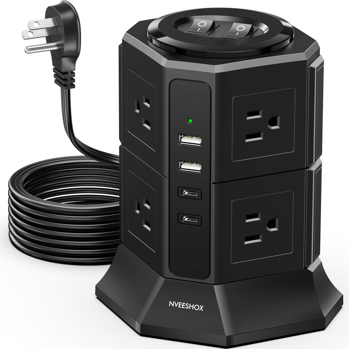 Surge Protector Power Strip Tower Flat Plug Power Strip with - NVEESHOX Official Imagery - 1