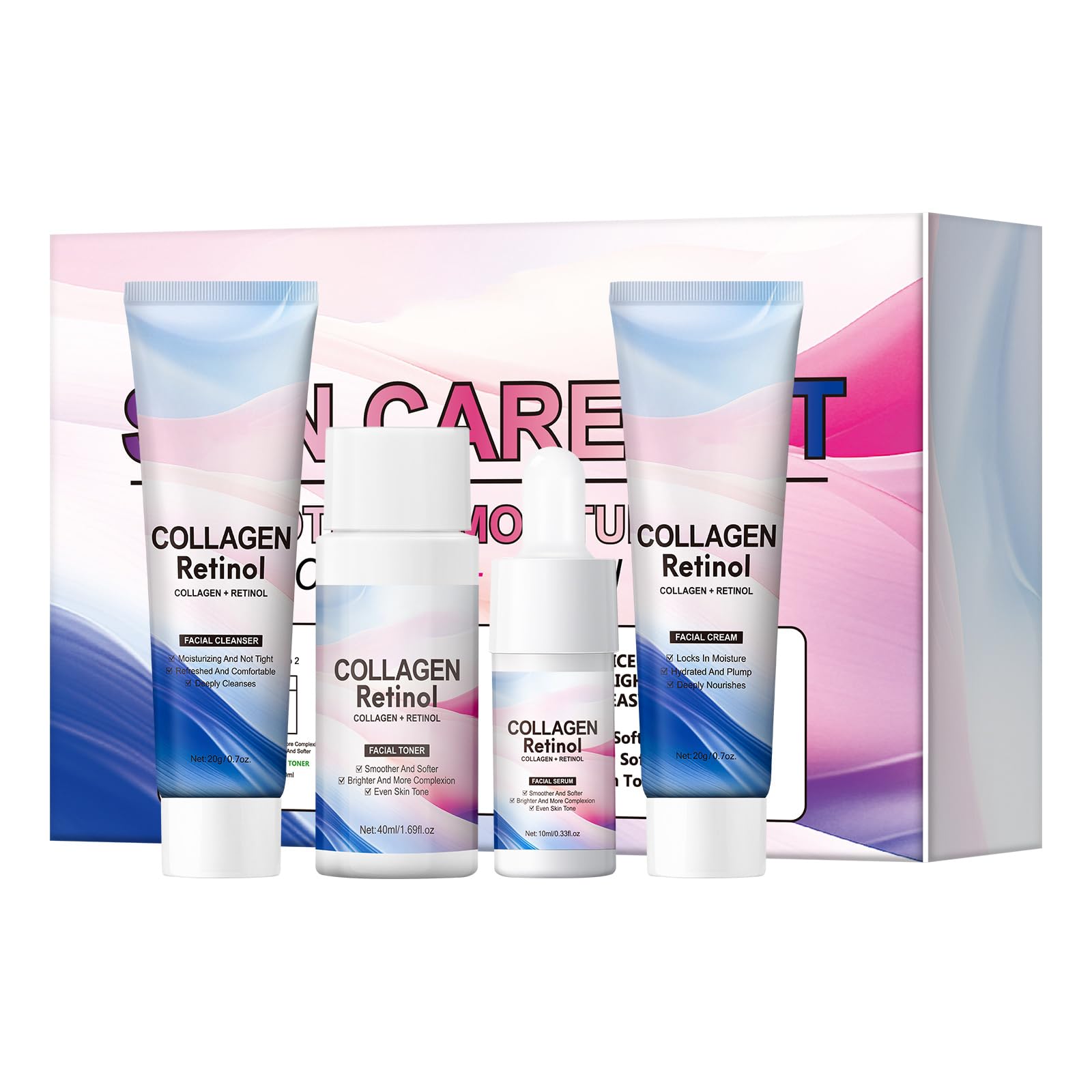 Travel Skincare Set, Collagen Retinol Face Wash, Toner, - Product Imagery