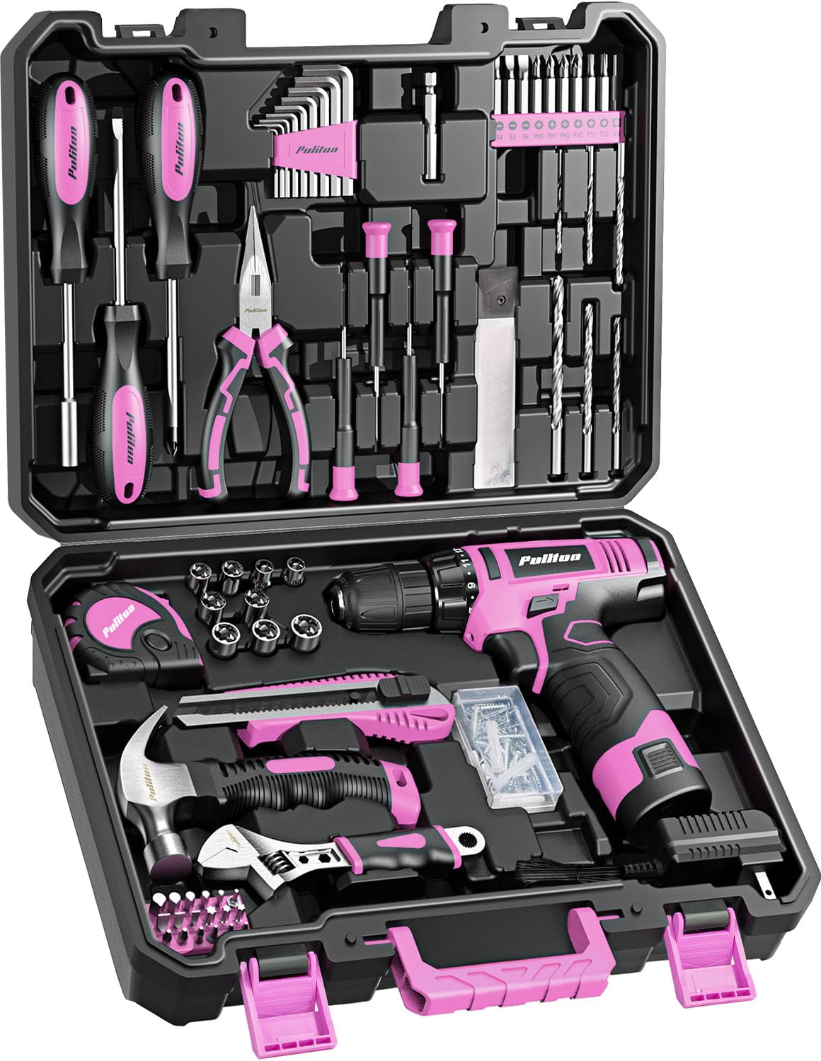 PULITUO Drill Set 149 Piece Home Tool Set with 12V Pink - PULITUO Official Imagery - 1
