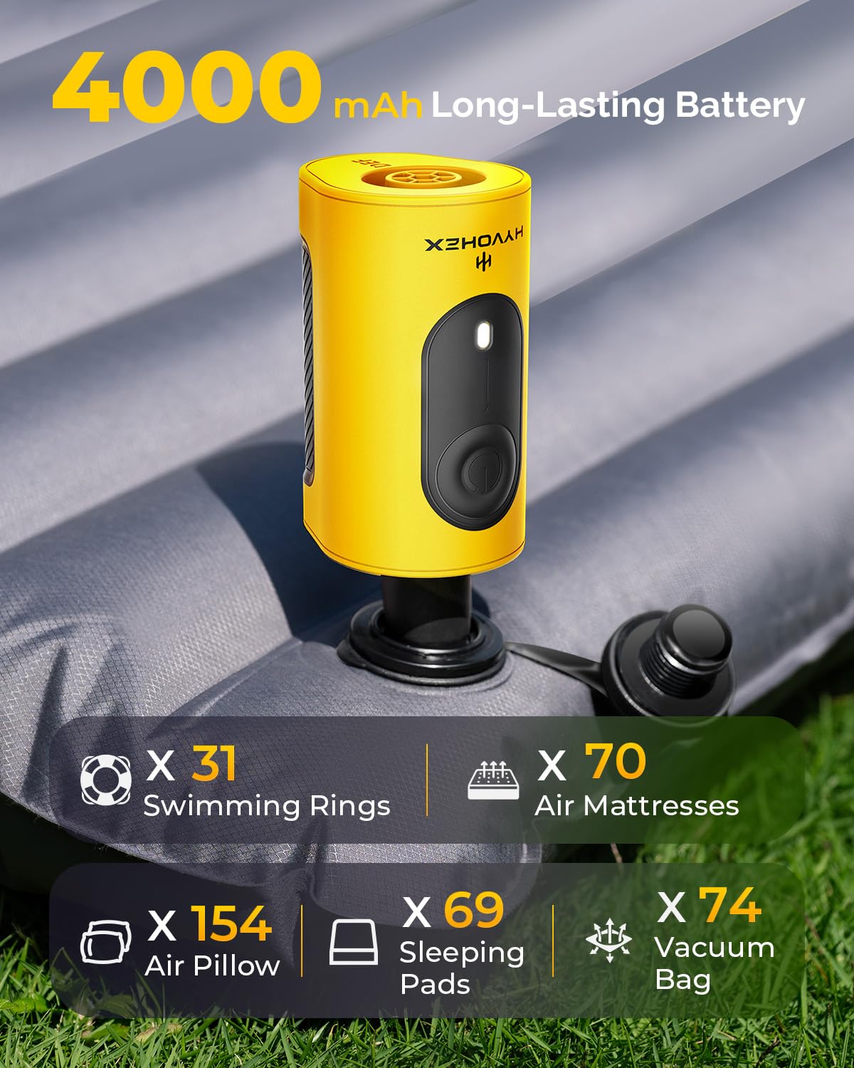HYVOHEX Portable Air Pump for Inflatables, 4000mAh Ultra Fast Air Matt - View 4